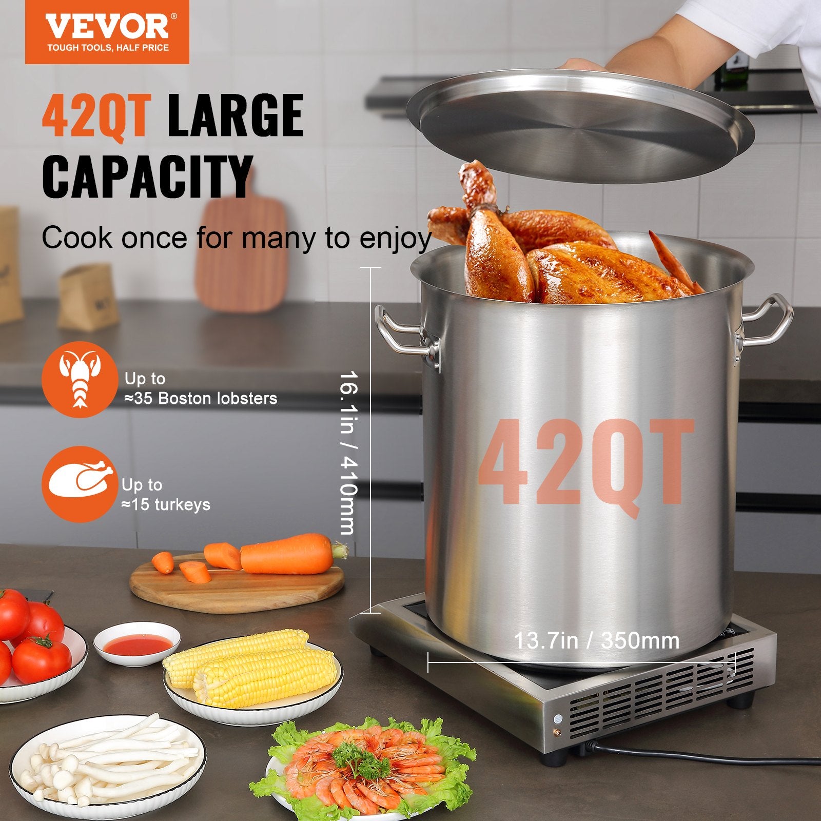 Stainless Steel Stockpot 42 Quart Large Cooking Pot Heavy Duty Commercial Silver