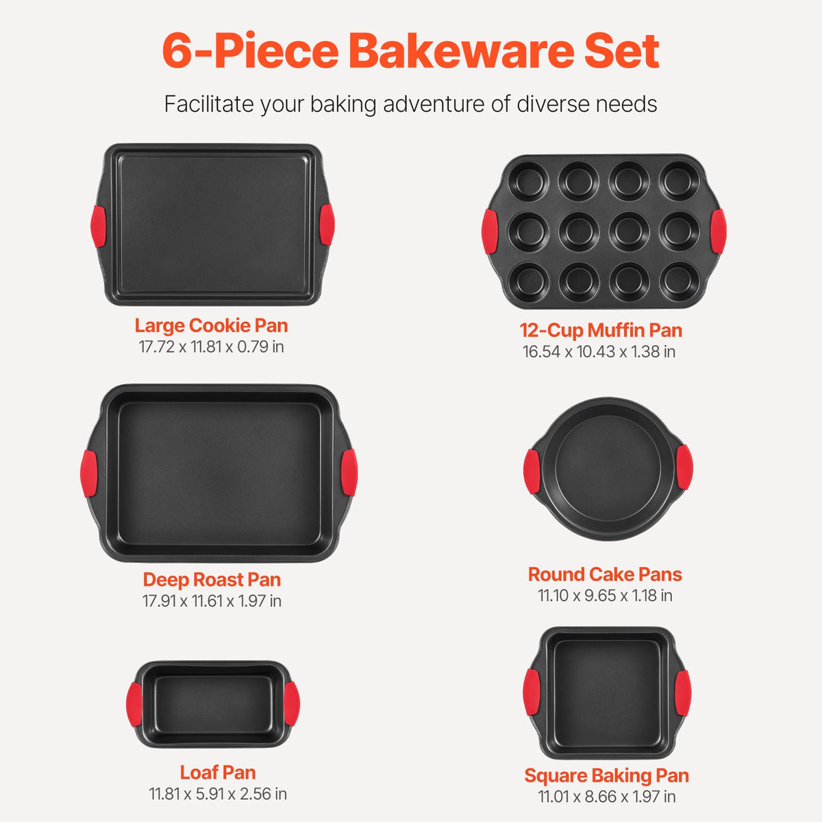 6Pcs Nonstick Carbon Steel Baking Pan Set with Silicone Handles, Black