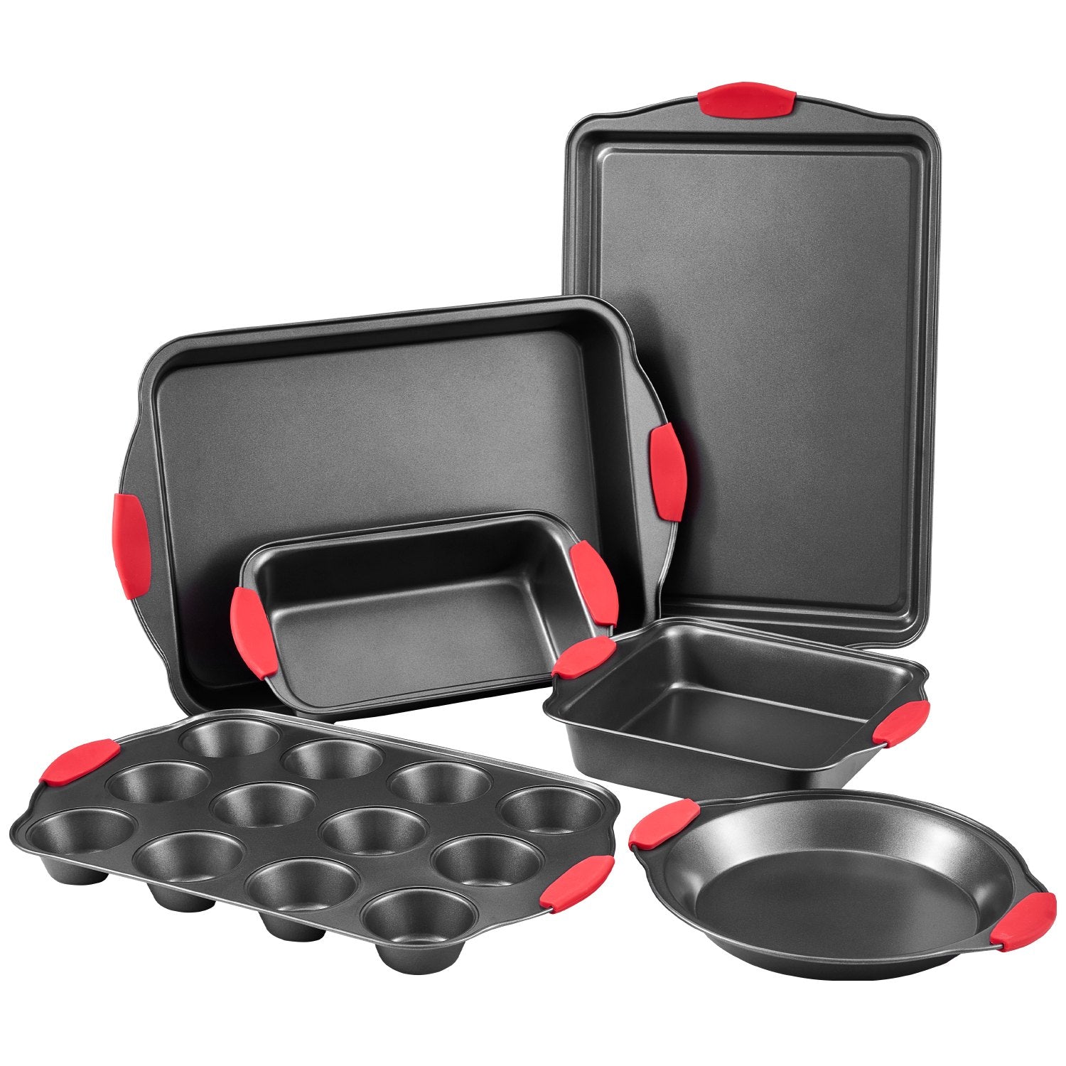 6Pcs Nonstick Carbon Steel Baking Pan Set with Silicone Handles, Black
