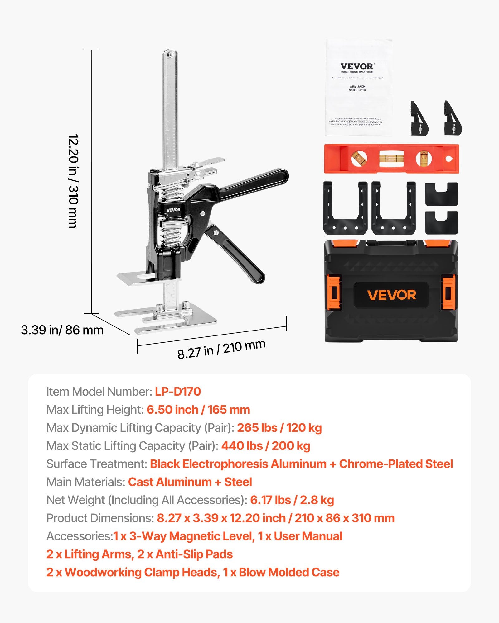 Labor Saving Arm Jack 2 PCS 200kg Lifting Metal Hand Jack Black