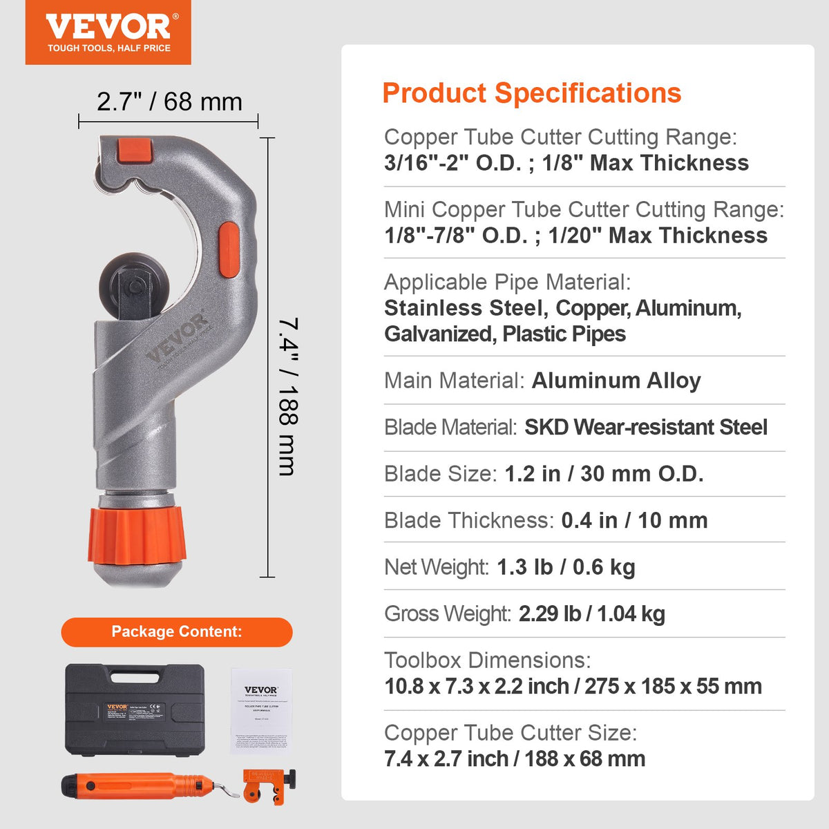 3PCS Tubing Cutter Set for Copper, Aluminum, Stainless Steel & Plastic Pipes