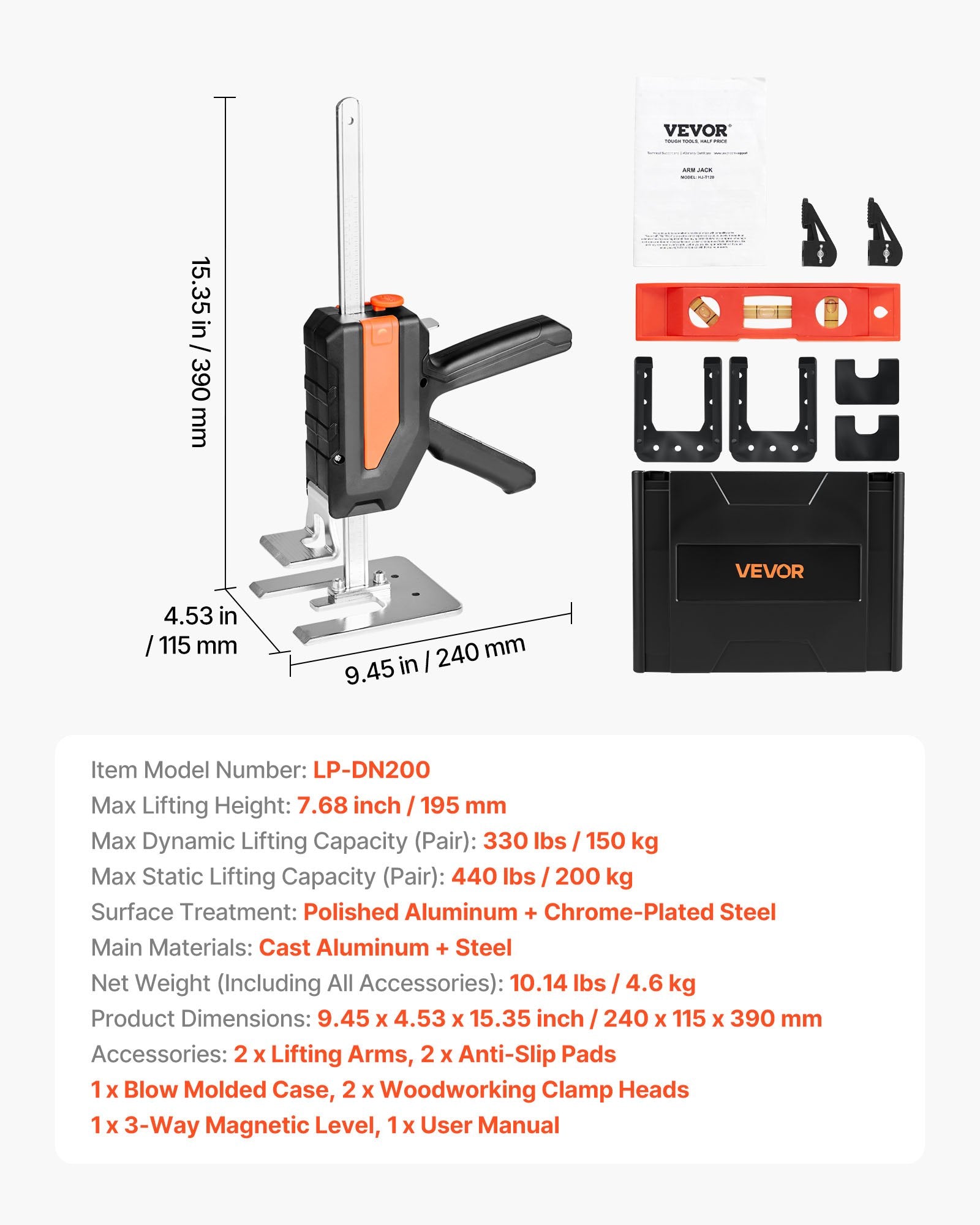 Labor Saving Arm Jack, 2PCS 200kg, 195mm Lift, Metal Hand Jack Tool