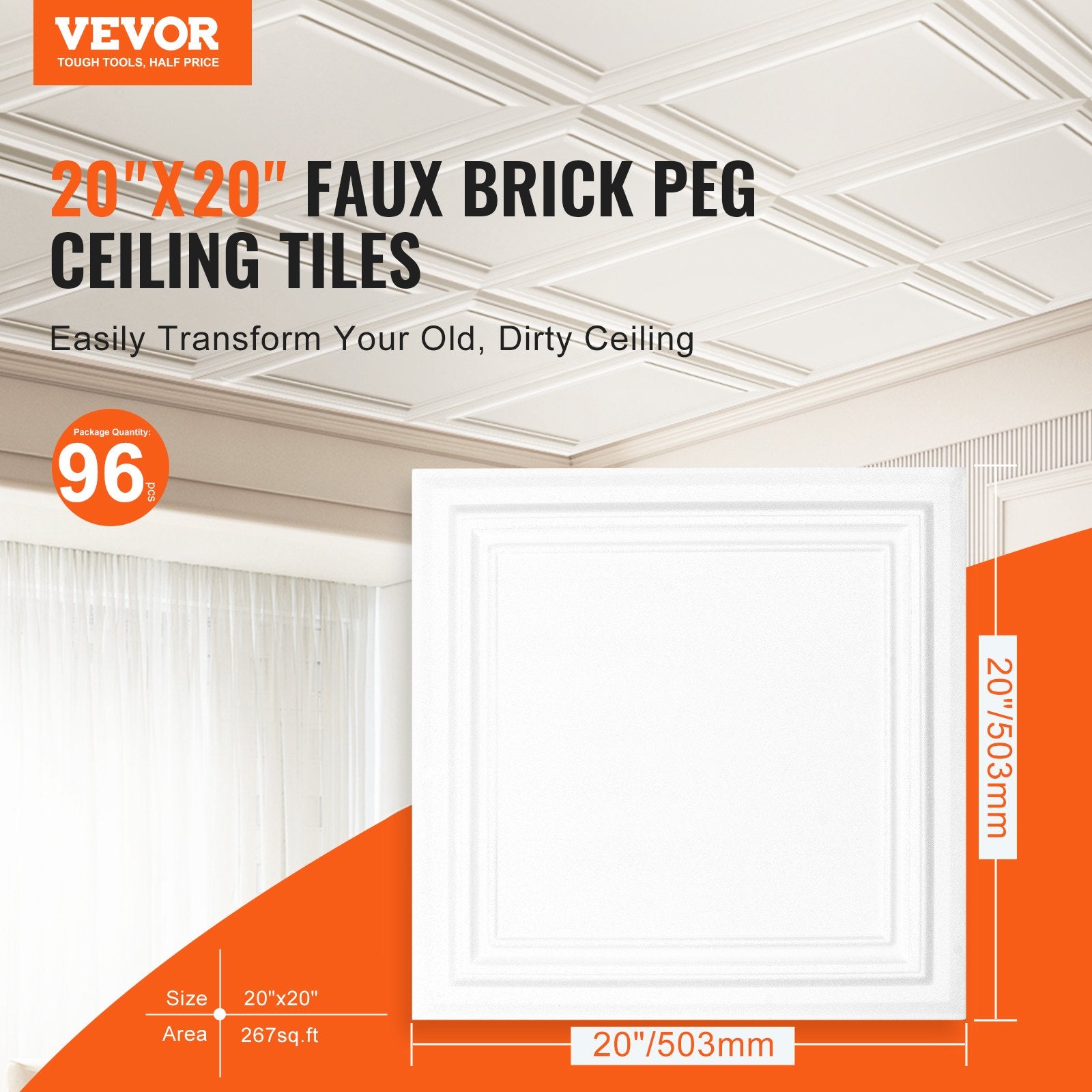 96-Pack 20x20in Polystyrene Ceiling Tiles Drop Ceiling Easy Install Basement