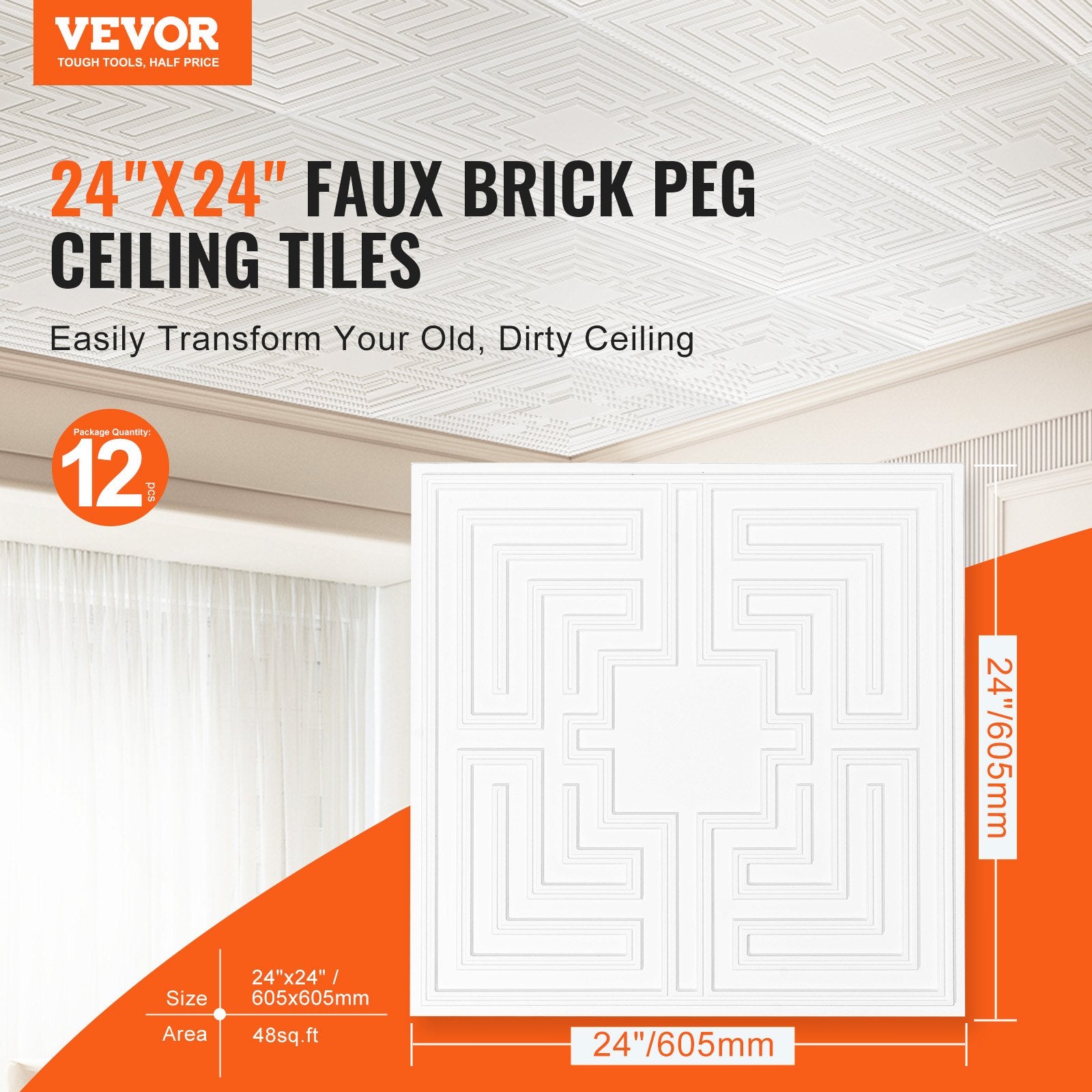 12-Pack 24x24in PVC Ceiling Tiles Drop Ceiling Easy Install White Echo Pattern