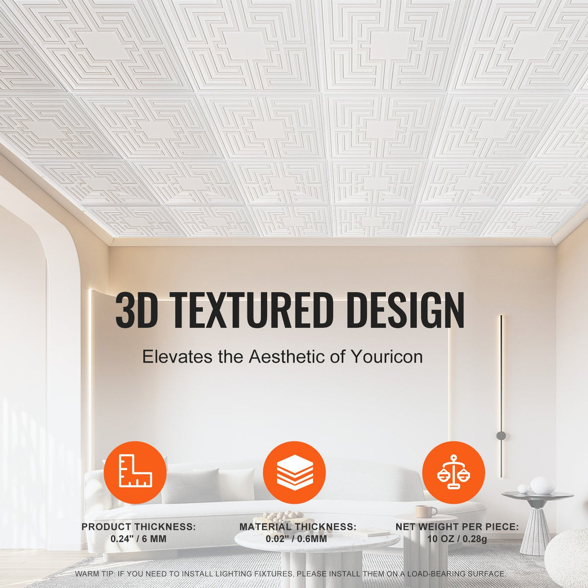 12-Pack 24x24in PVC Ceiling Tiles Drop Ceiling Easy Install White Echo Pattern