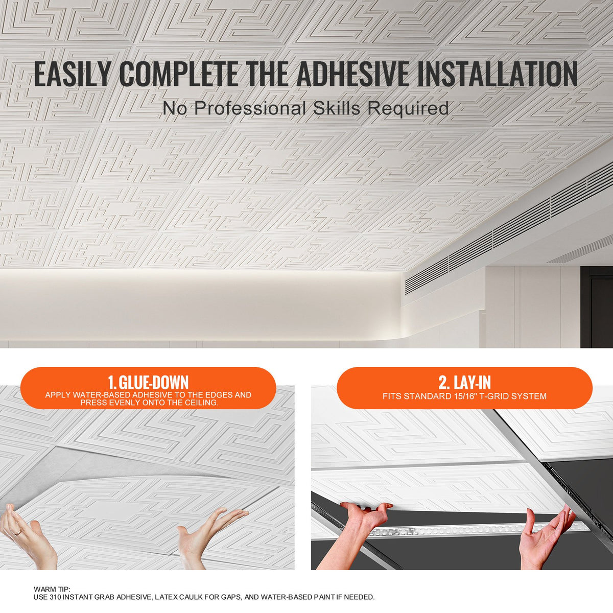 12-Pack 24x24in PVC Ceiling Tiles Drop Ceiling Easy Install White Echo Pattern