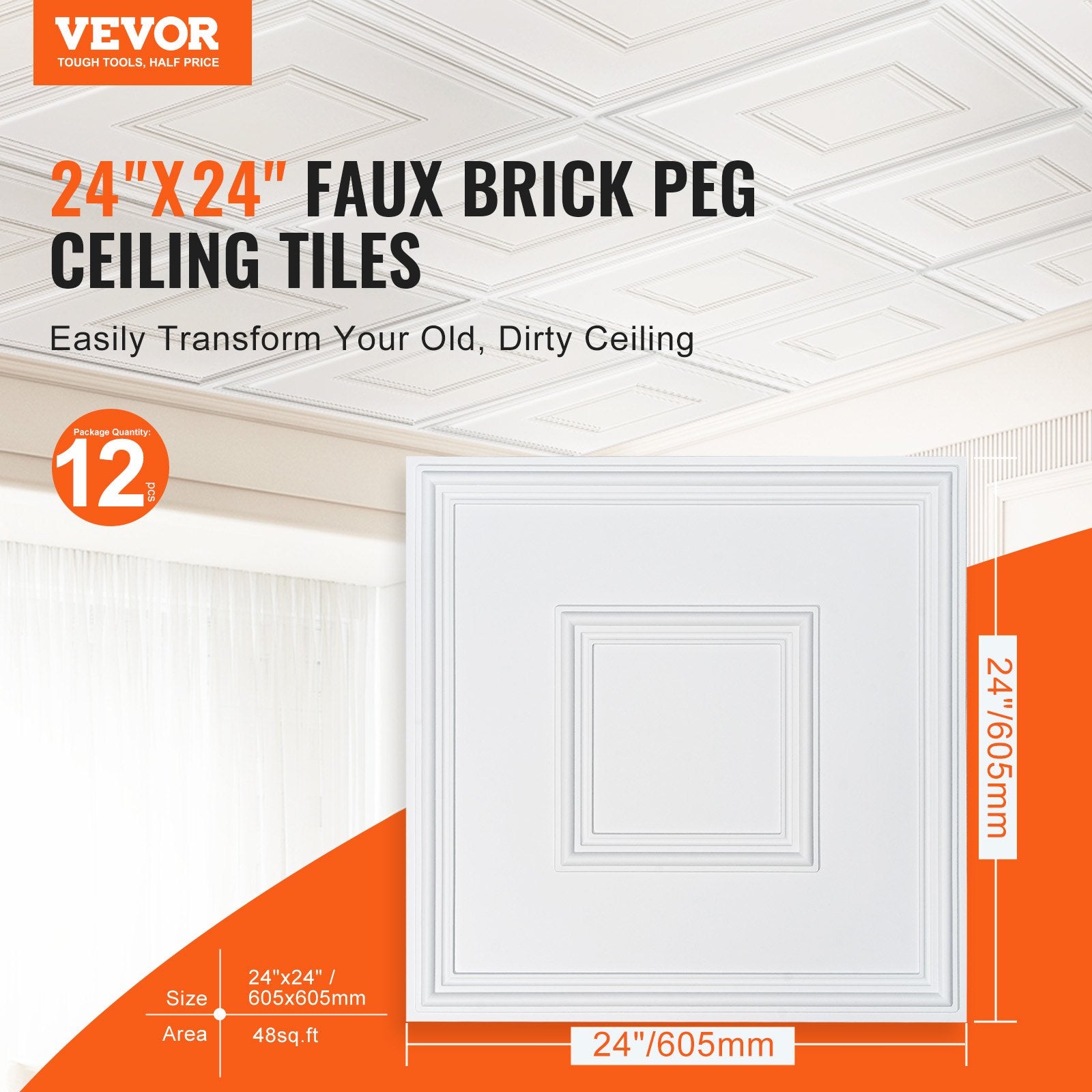 12-Pack 24x24 in PVC Ceiling Tiles, Drop Ceiling, Easy Install, White Geometric