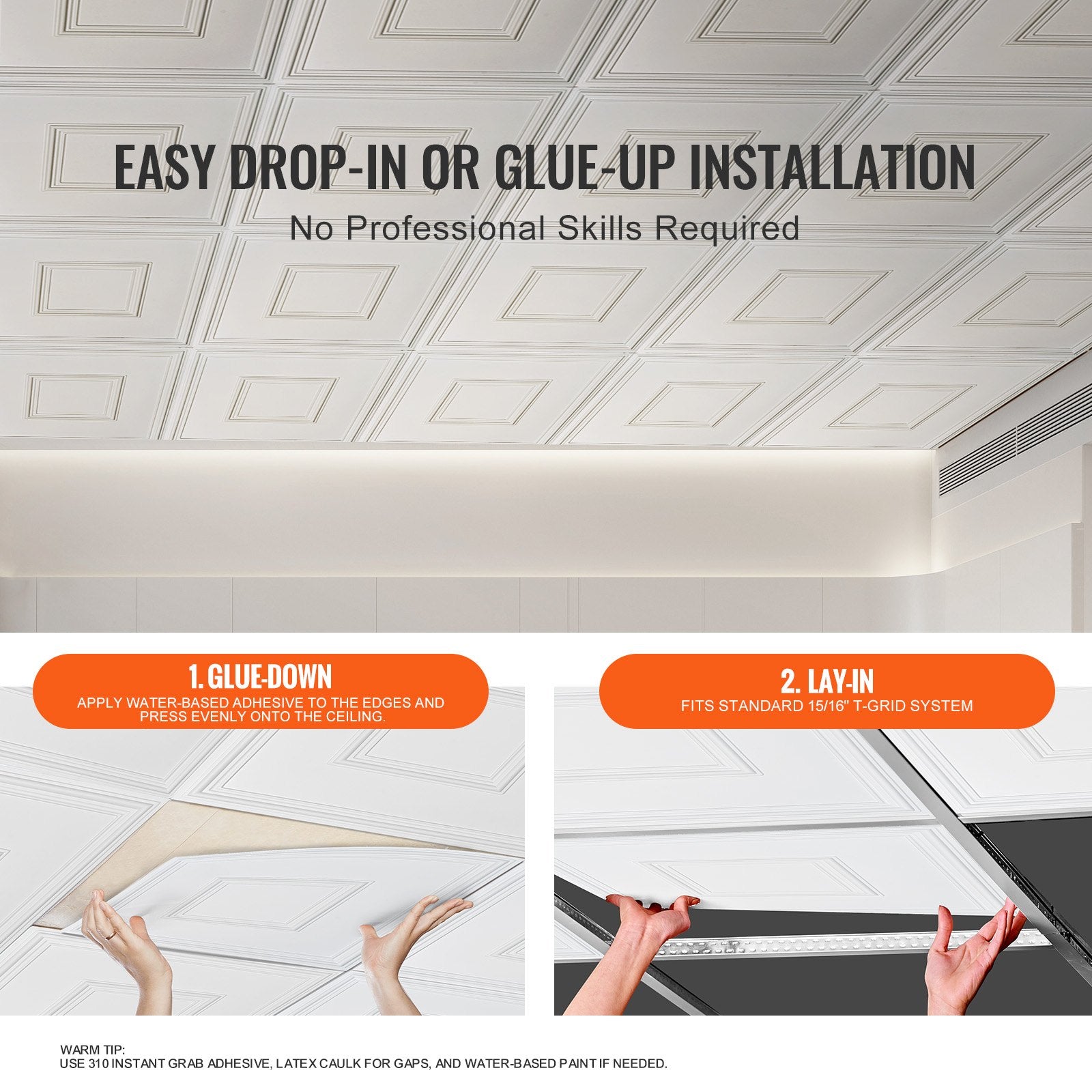 12-Pack 24x24 in PVC Ceiling Tiles, Drop Ceiling, Easy Install, White Geometric