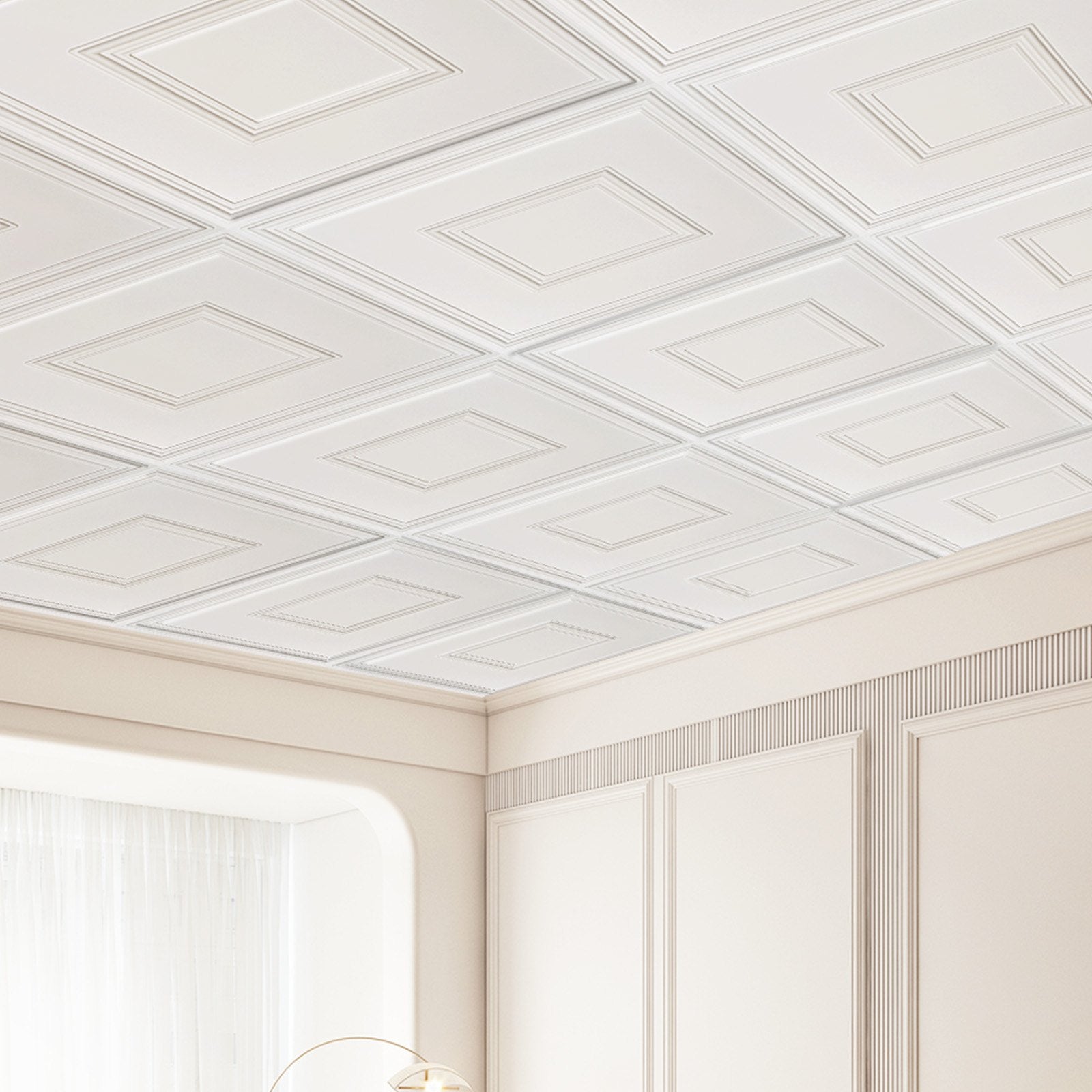 12-Pack 24x24 in PVC Ceiling Tiles, Drop Ceiling, Easy Install, White Geometric