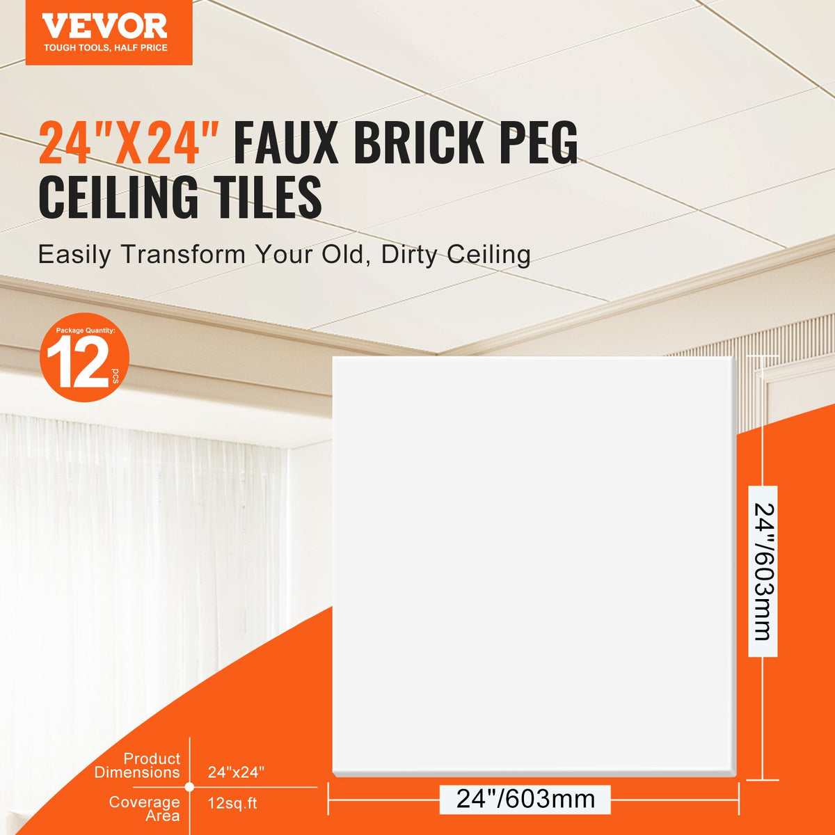 12-Pack 24x24in PVC Foam Ceiling Tiles Fire-Rated Flexible White