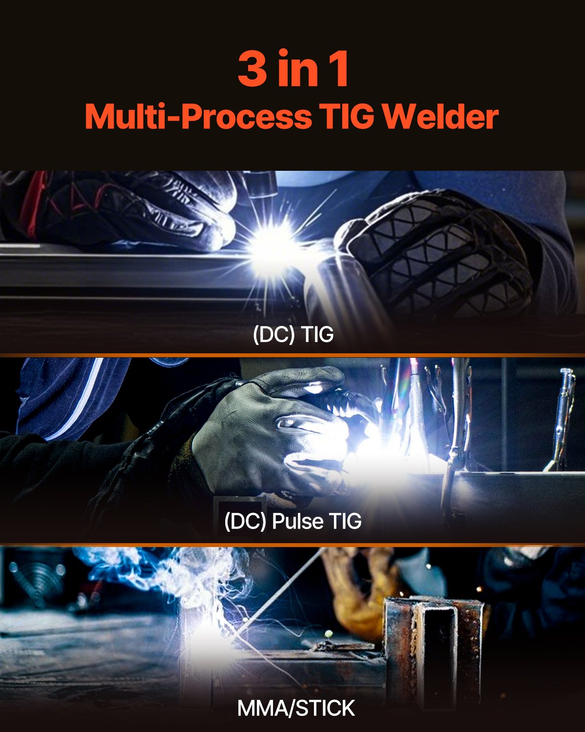 TIG Welder 205A 3-in-1 DC TIG Pulse MMA Machine Large LED IGBT HF Start