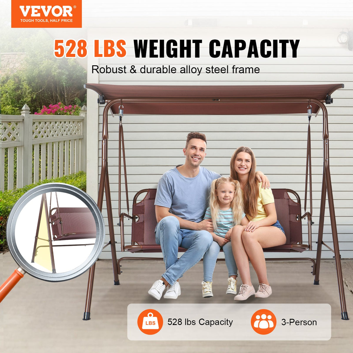 Patio Swing Chair 3-Person Outdoor with Adjustable Canopy Armrests Steel Frame