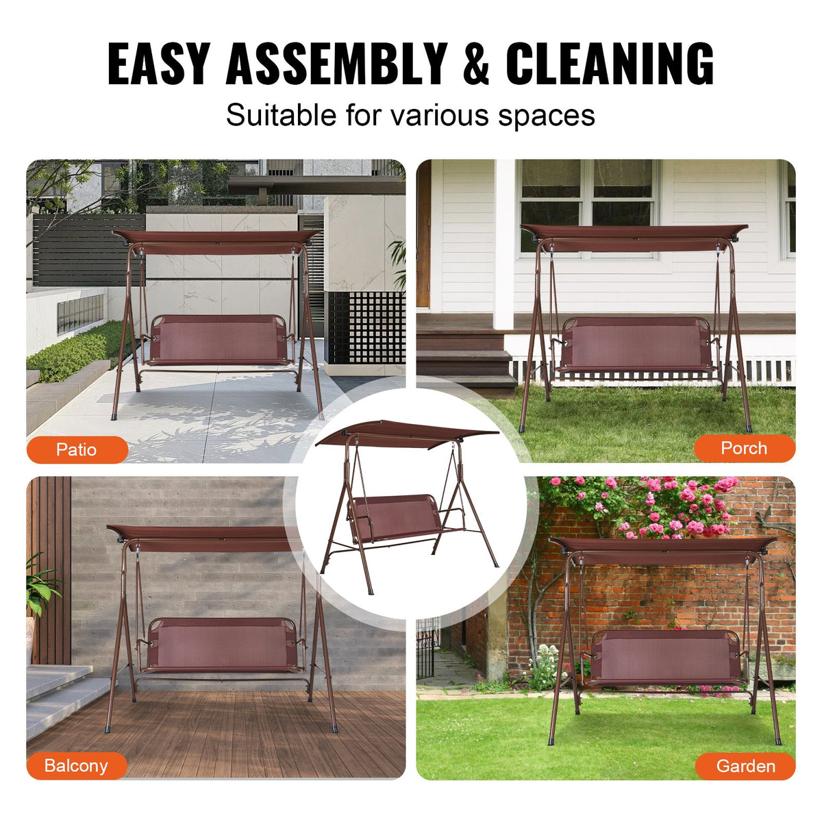 Patio Swing Chair 3-Person Outdoor with Adjustable Canopy Armrests Steel Frame