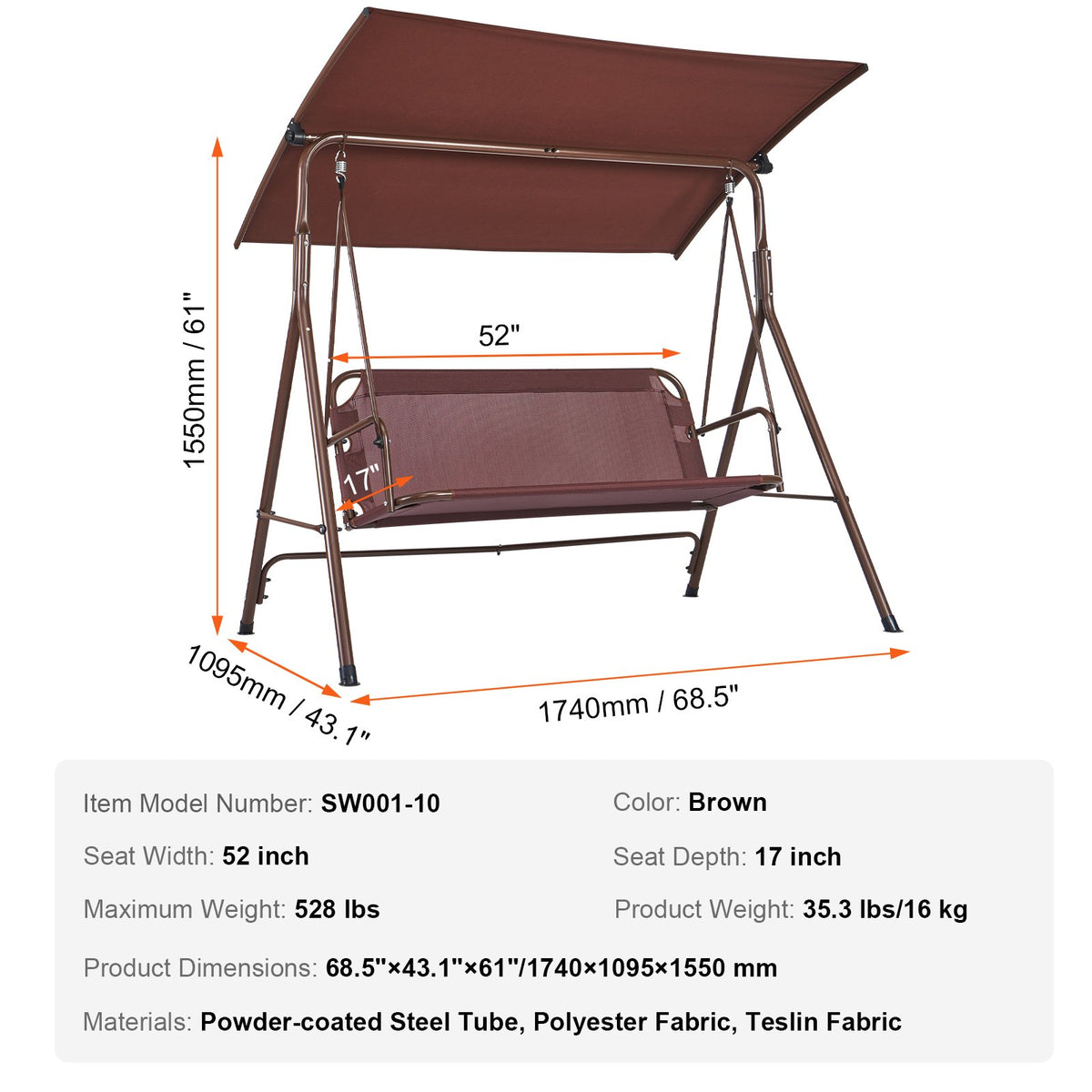 Patio Swing Chair 3-Person Outdoor with Adjustable Canopy Armrests Steel Frame