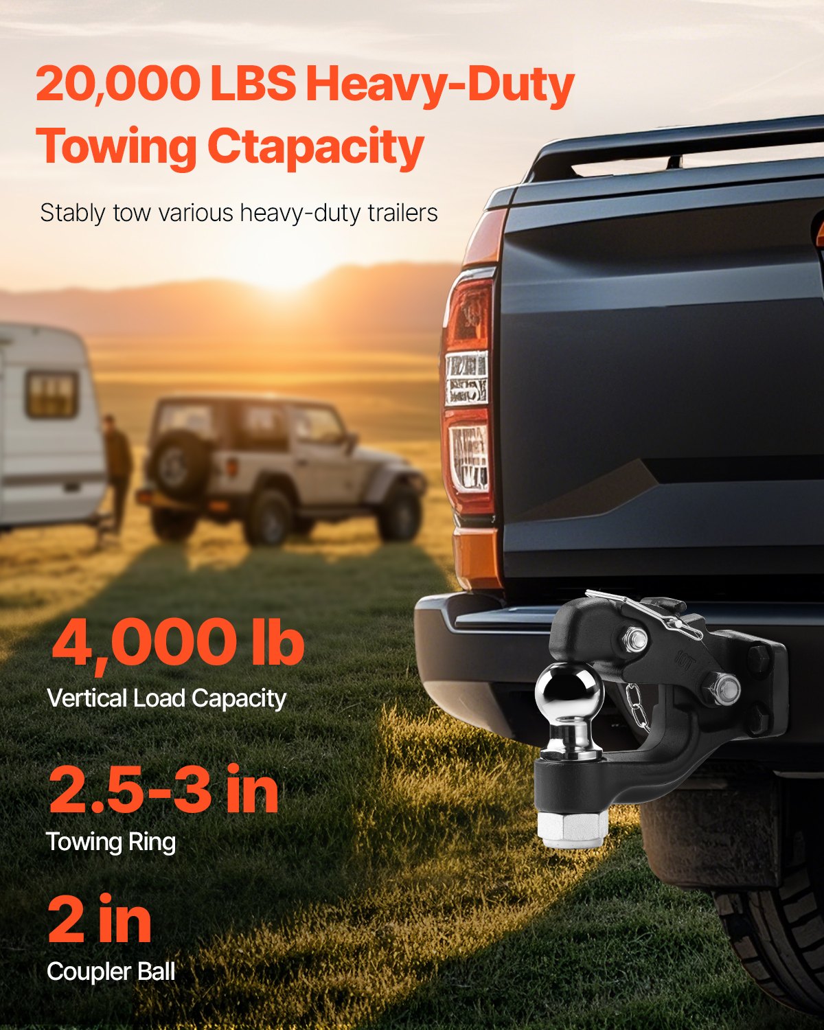 9070kg Pintle Hook Trailer Hitch Receiver w/ 50.4mm Ball & Mounting Kit Black