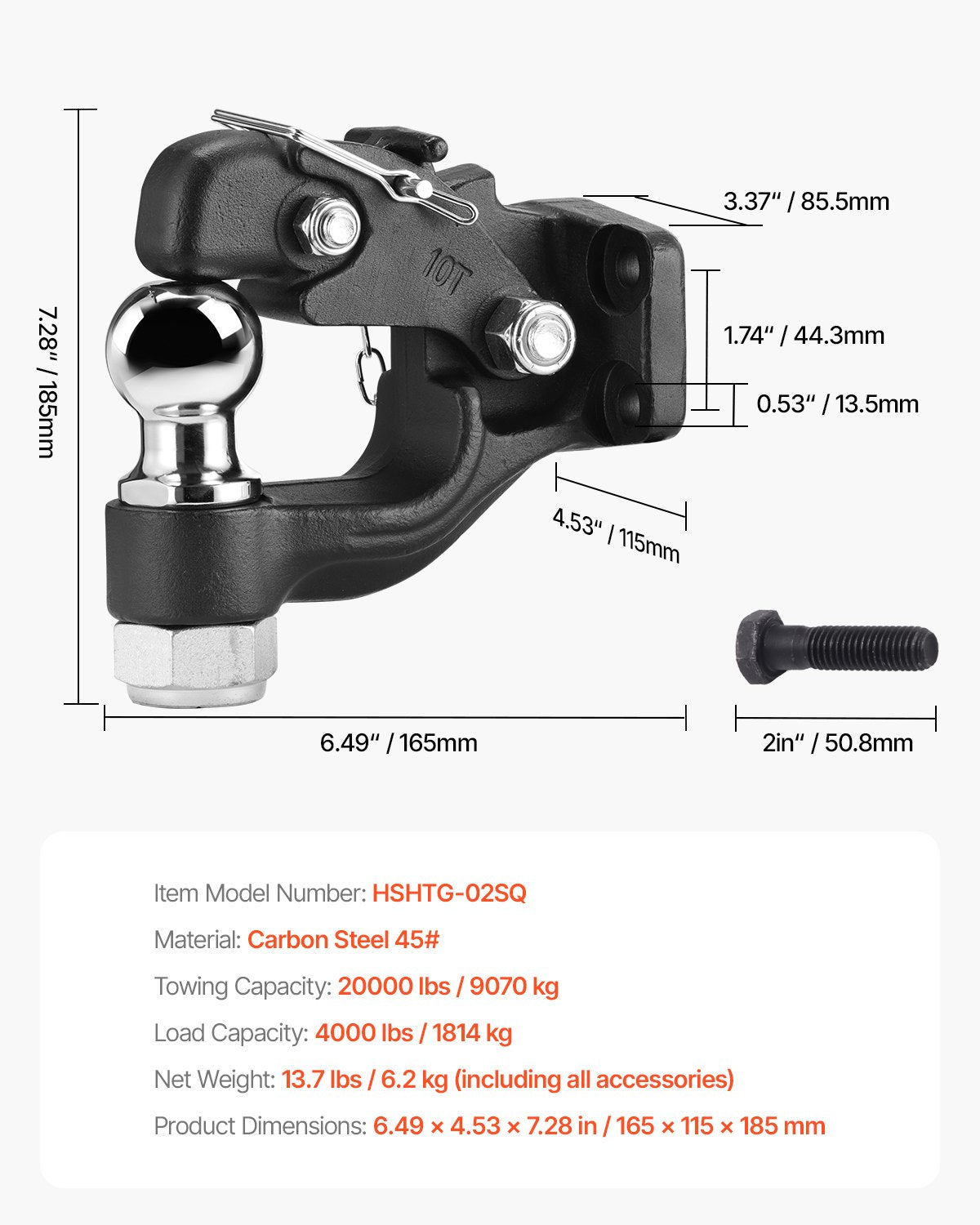 9070kg Pintle Hook Trailer Hitch Receiver w/ 50.4mm Ball & Mounting Kit Black
