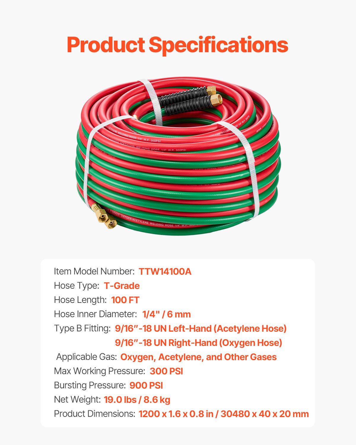 Oxygen Acetylene Hose 1/4"x100FT Twin Hose with 9/16"-18 B Fitting 300PSI