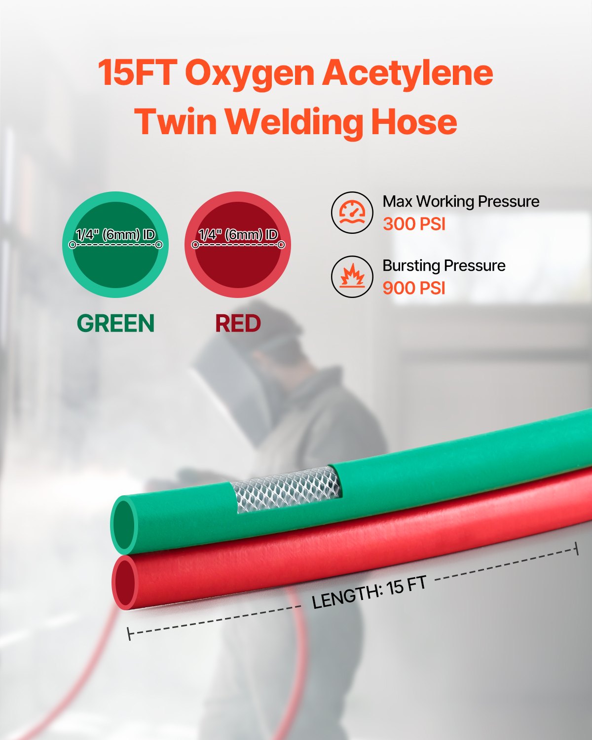 Oxygen Acetylene Hose 1/4in x 15FT 300PSI T Grade Twin Hose 9/16-18 B Fitting