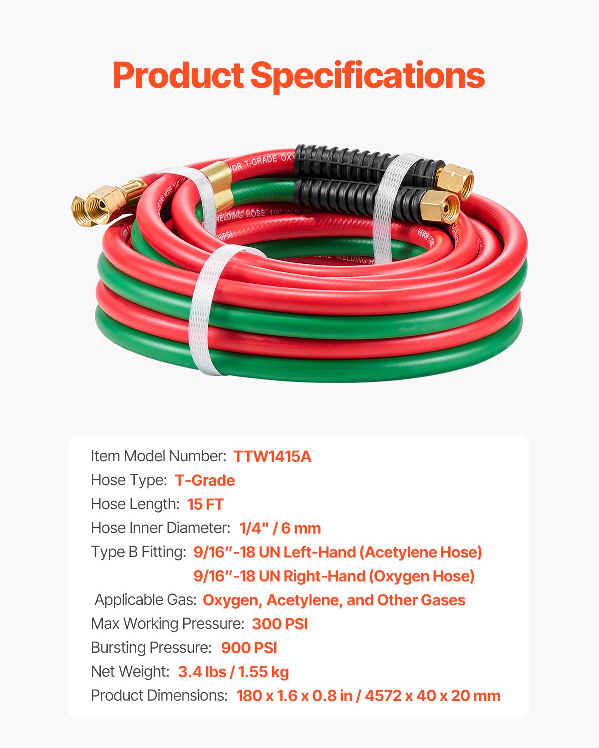 Oxygen Acetylene Hose 1/4in x 15FT 300PSI T Grade Twin Hose 9/16-18 B Fitting