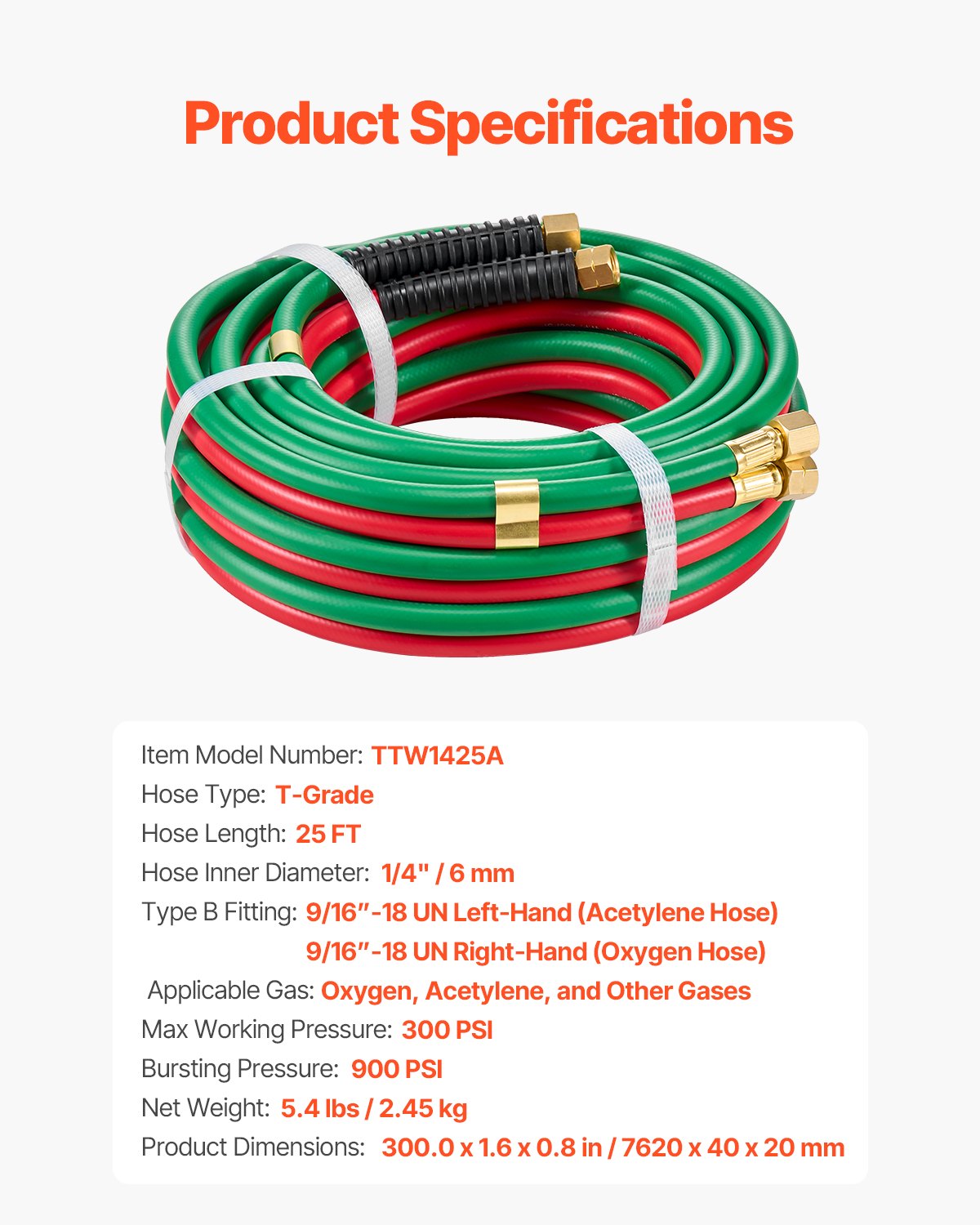 Oxygen Acetylene Hose 1/4" x 25FT Twin Hose 300PSI Welding Torch with Fitting