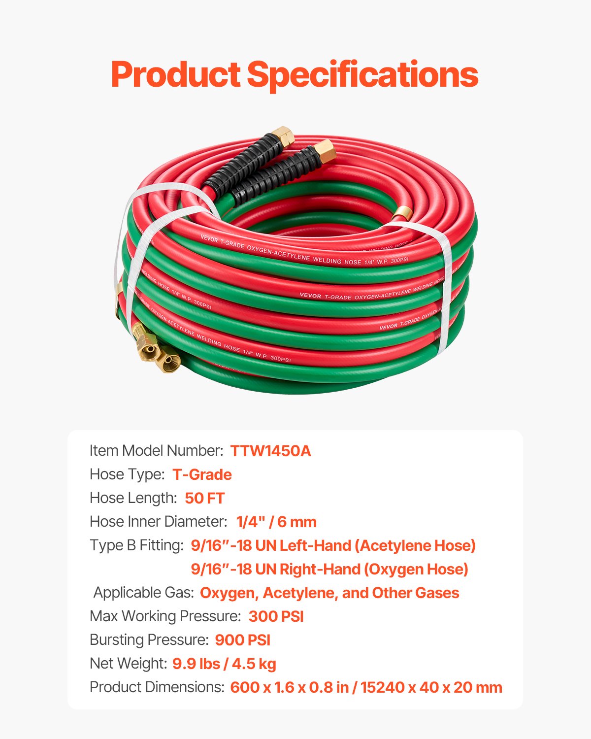 Oxygen Acetylene Hose 1/4"x50FT Twin Hose with 9/16"-18 B Fitting 300PSI