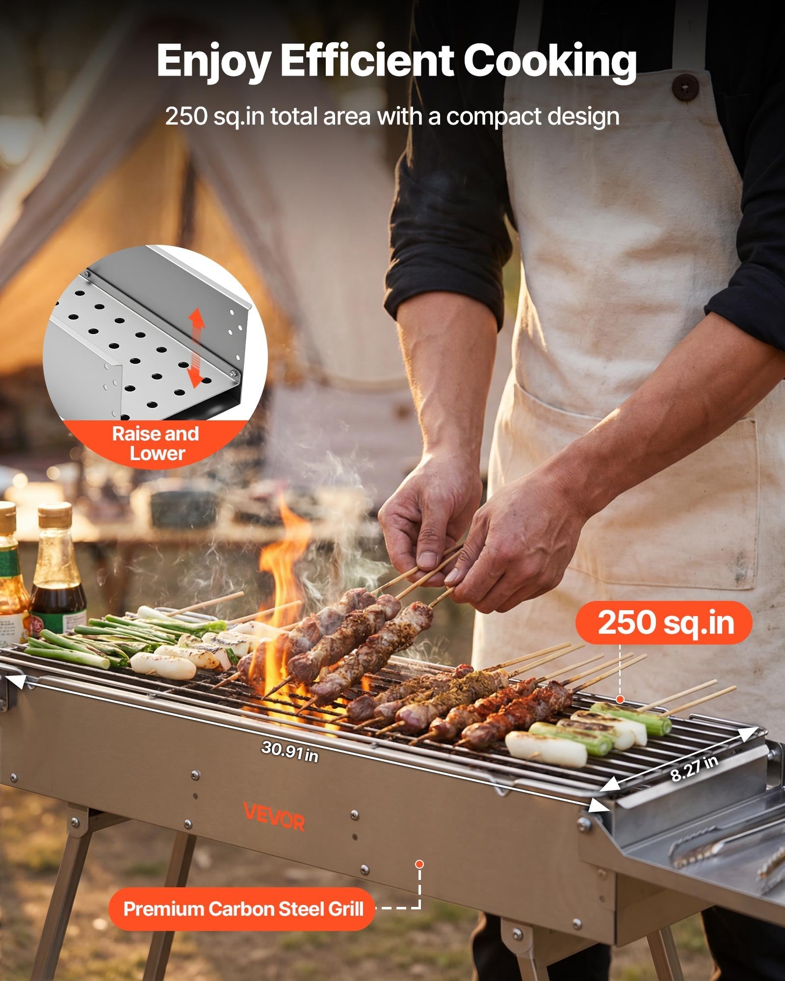 Foldable Charcoal BBQ Grill 0.16m² Portable with Liftable Tray