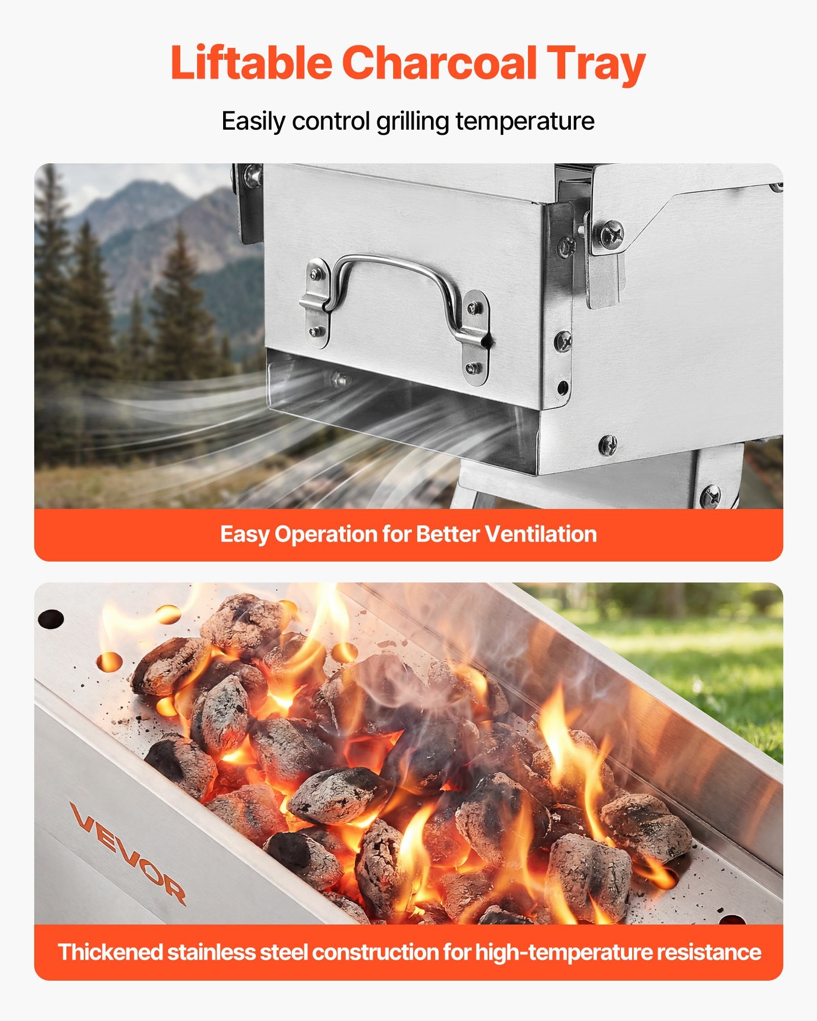 Foldable Charcoal BBQ Grill 0.16m² Portable with Liftable Tray