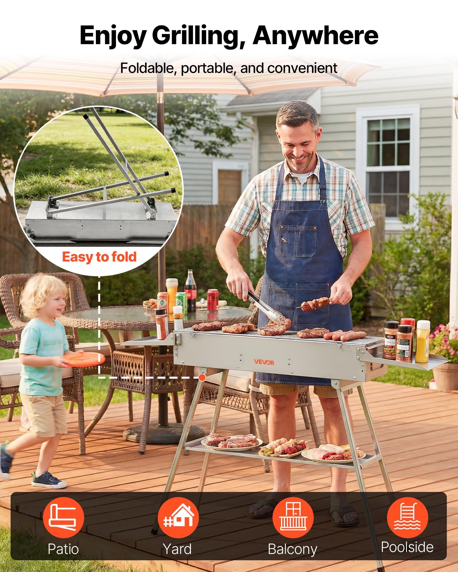 Foldable Charcoal BBQ Grill 0.16m² Portable with Liftable Tray