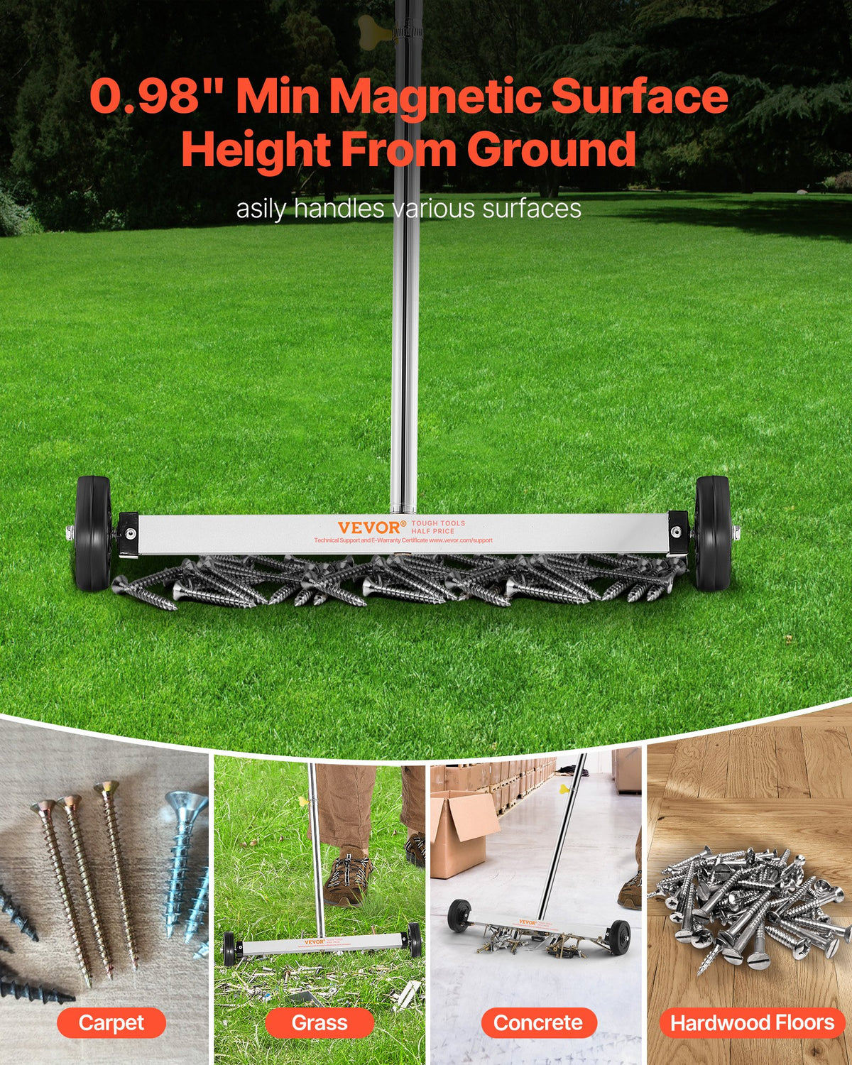 43cm Magnetic Sweeper w/ Wheels Adjustable Handle for Nails & Screws