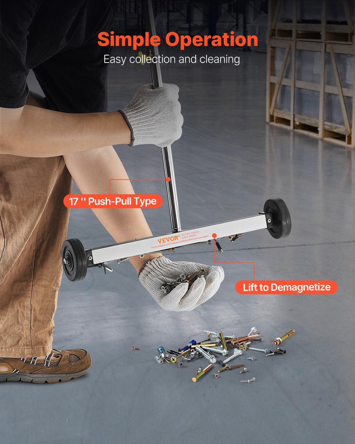 43cm Magnetic Sweeper w/ Wheels Adjustable Handle for Nails & Screws