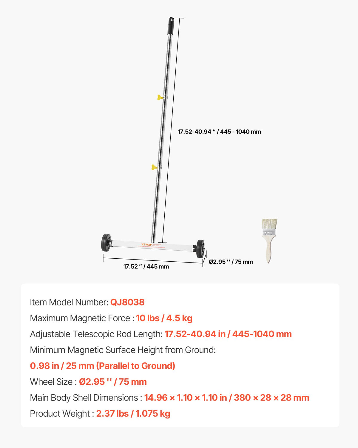 43cm Magnetic Sweeper w/ Wheels Adjustable Handle for Nails & Screws