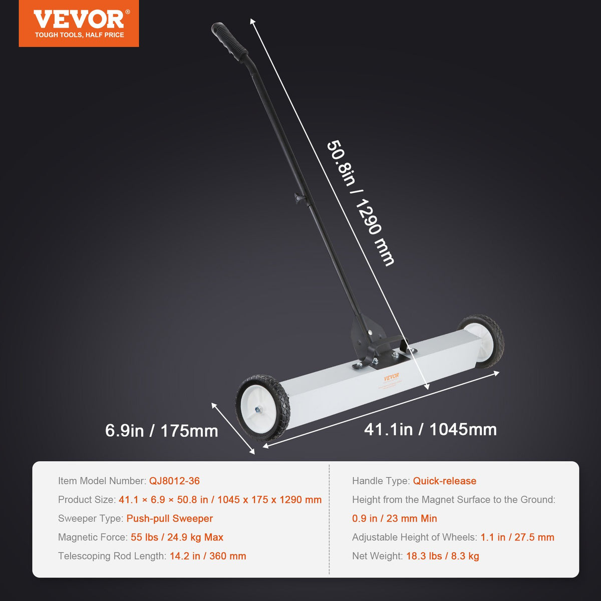 24.9 kg Rolling Magnetic Sweeper, Push-Type with Wheels and Telescoping Handle