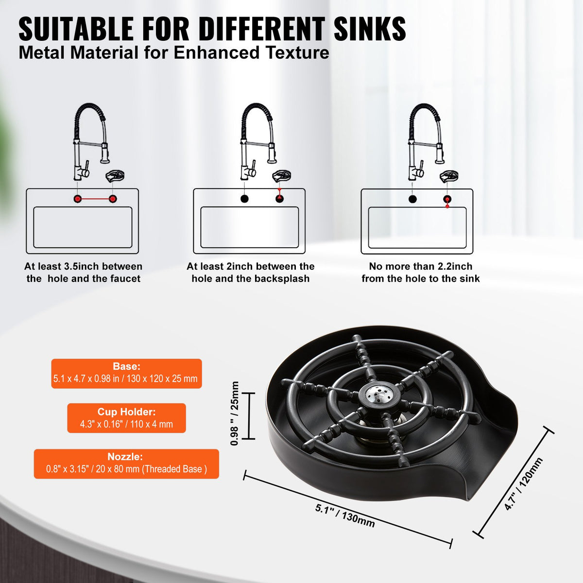 Glass Rinser 10-Jet 360° Rotating Cup Washer with ABS Holder