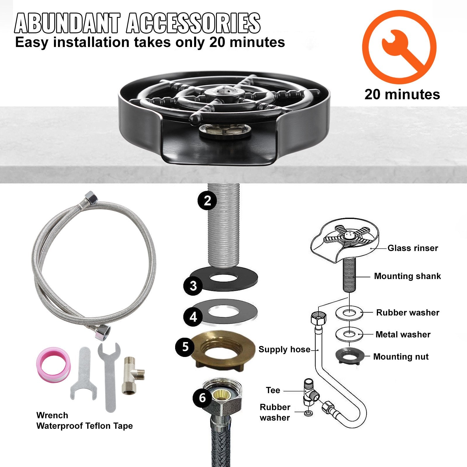 Glass Rinser 10-Jet 360° Rotating Cup Washer with ABS Holder
