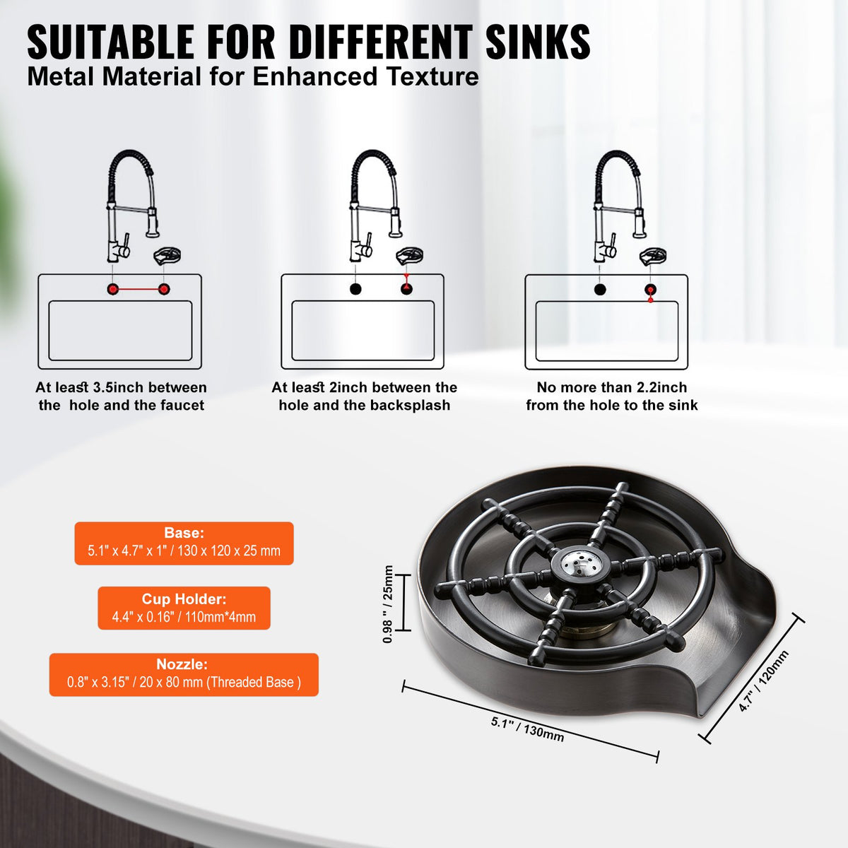 10 Jet 360° Rotating Glass Rinser Stainless Steel Cup Washer Sink