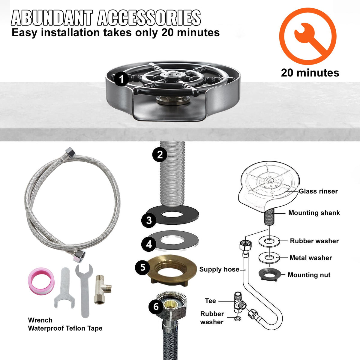 10 Jet 360° Rotating Glass Rinser Stainless Steel Cup Washer Sink