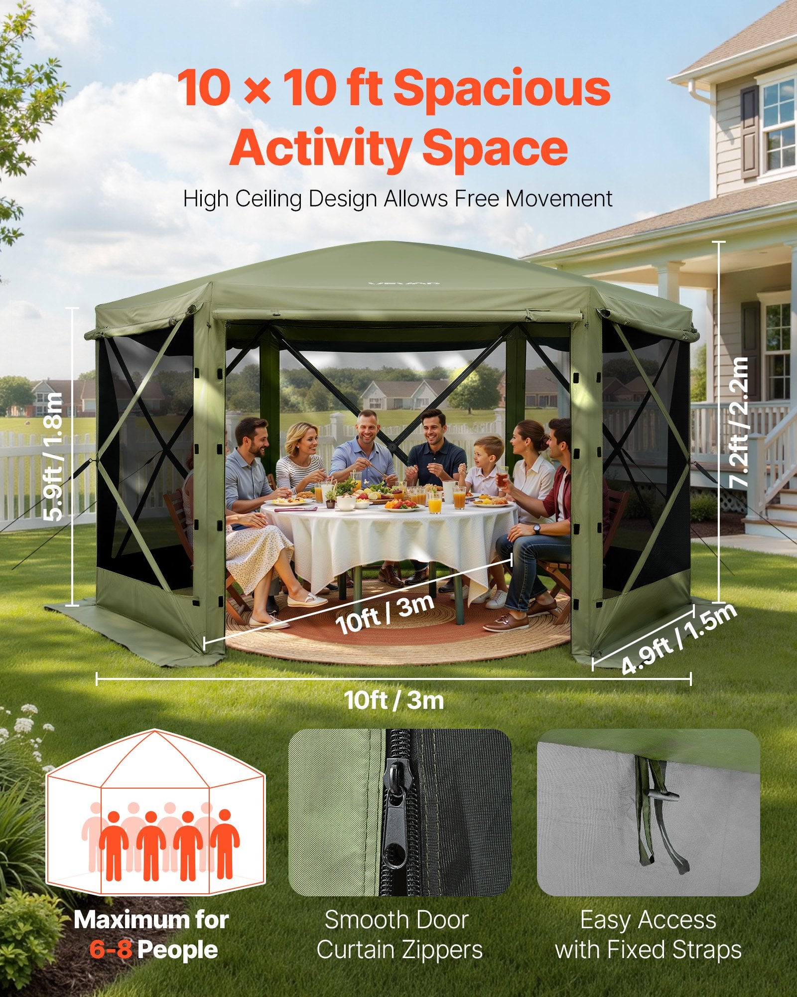 Pop Up Gazebo Screen Tent 3x3m 6-Sided Camping Canopy Quick Set Sun Shelter