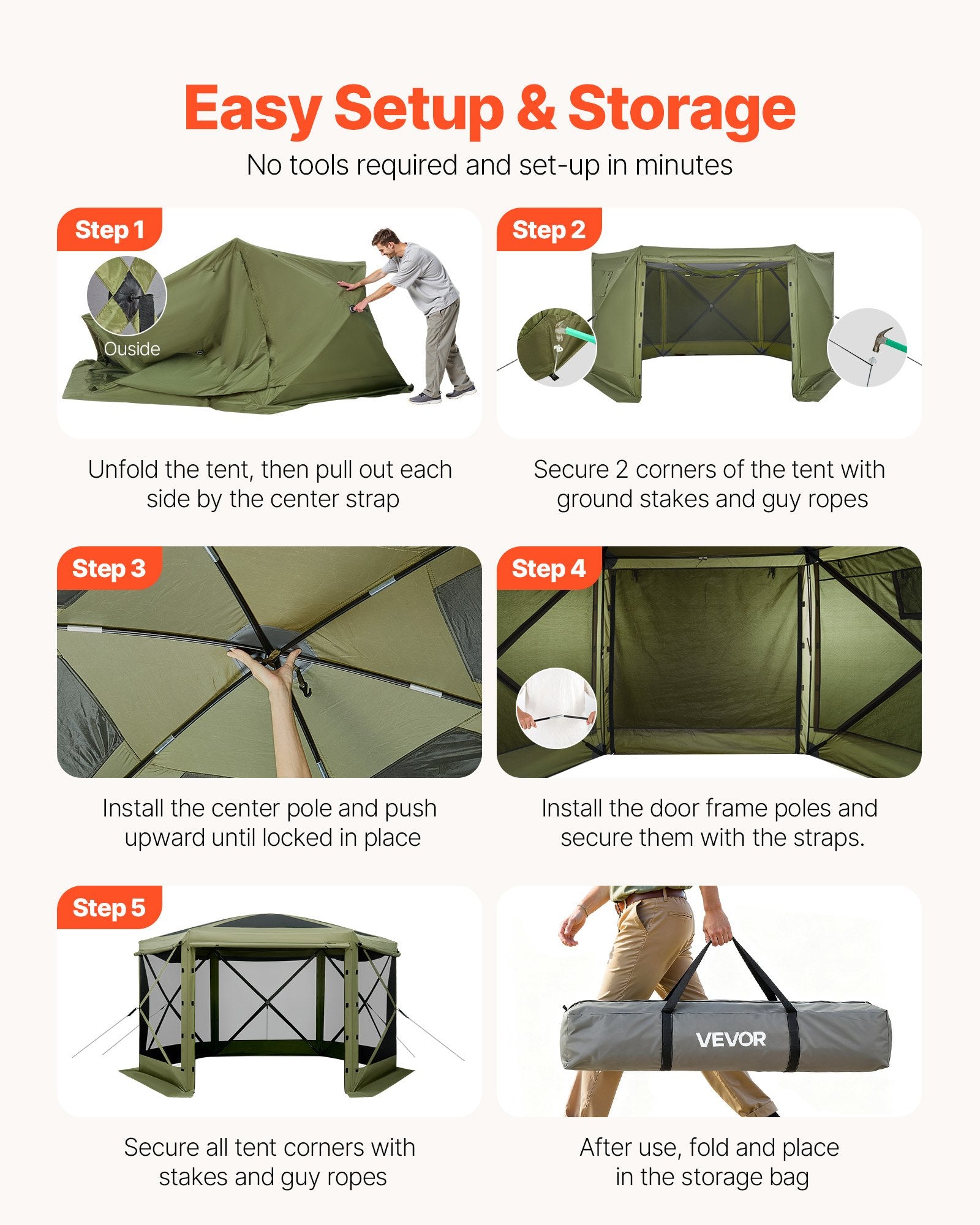 Pop Up Gazebo Screen Tent 3x3m 6-Sided Camping Canopy Quick Set Sun Shelter