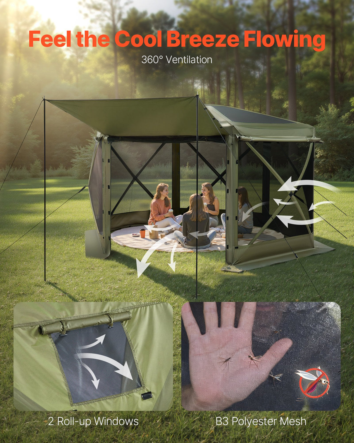 Pop Up Gazebo Screen Tent 3x3m 6-Sided Camping Canopy Quick Set Sun Shelter