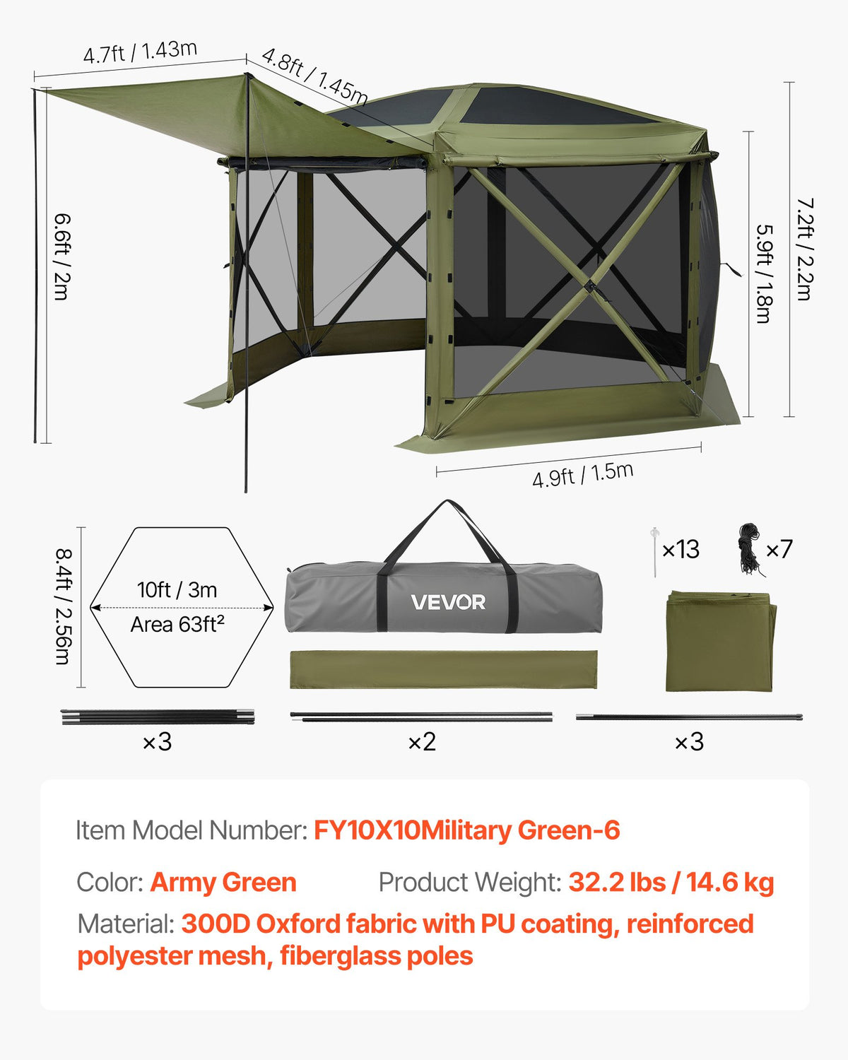 Pop Up Gazebo Screen Tent 3x3m 6-Sided Camping Canopy Quick Set Sun Shelter