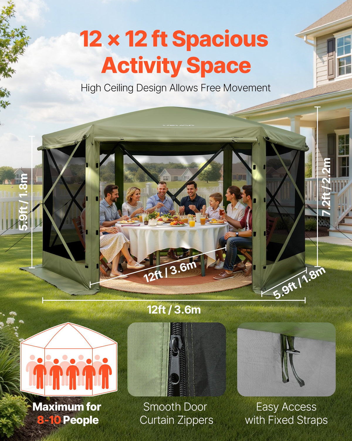 Pop up Gazebo Screen Tent 3.6x3.6m 6S RTop CBag QSt BitePrf SunShltr 8-10P Grn
