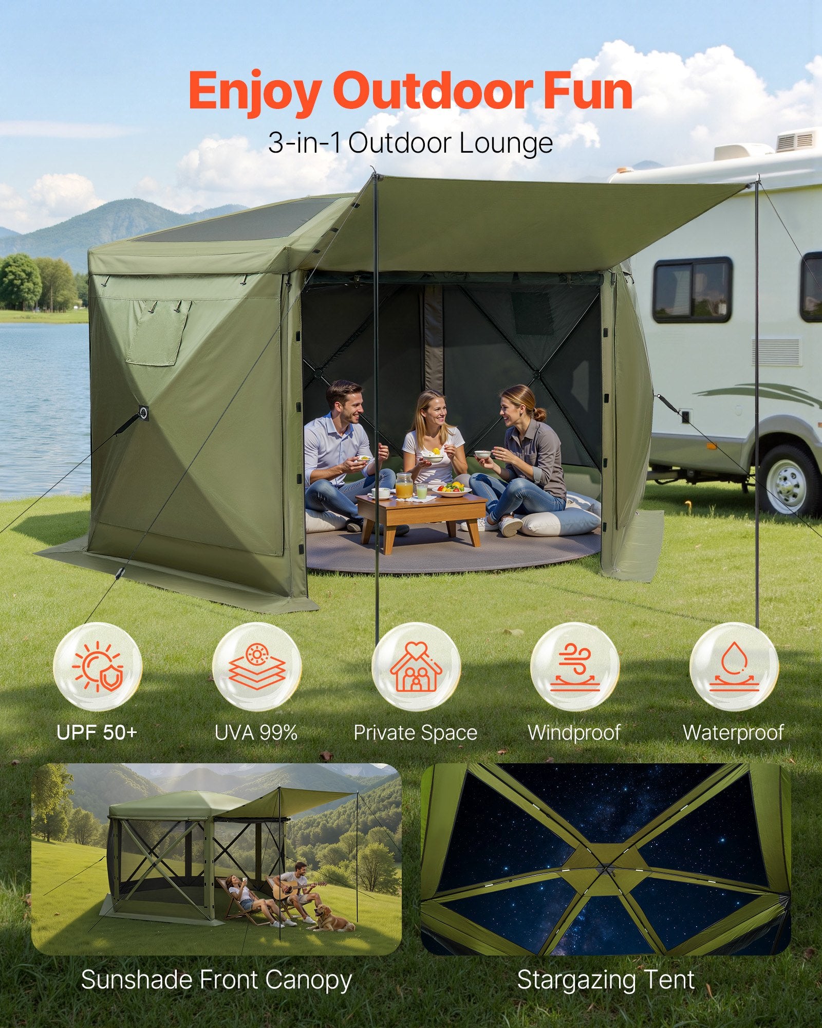 Pop up Gazebo Screen Tent 3.6x3.6m 6S RTop CBag QSt BitePrf SunShltr 8-10P Grn