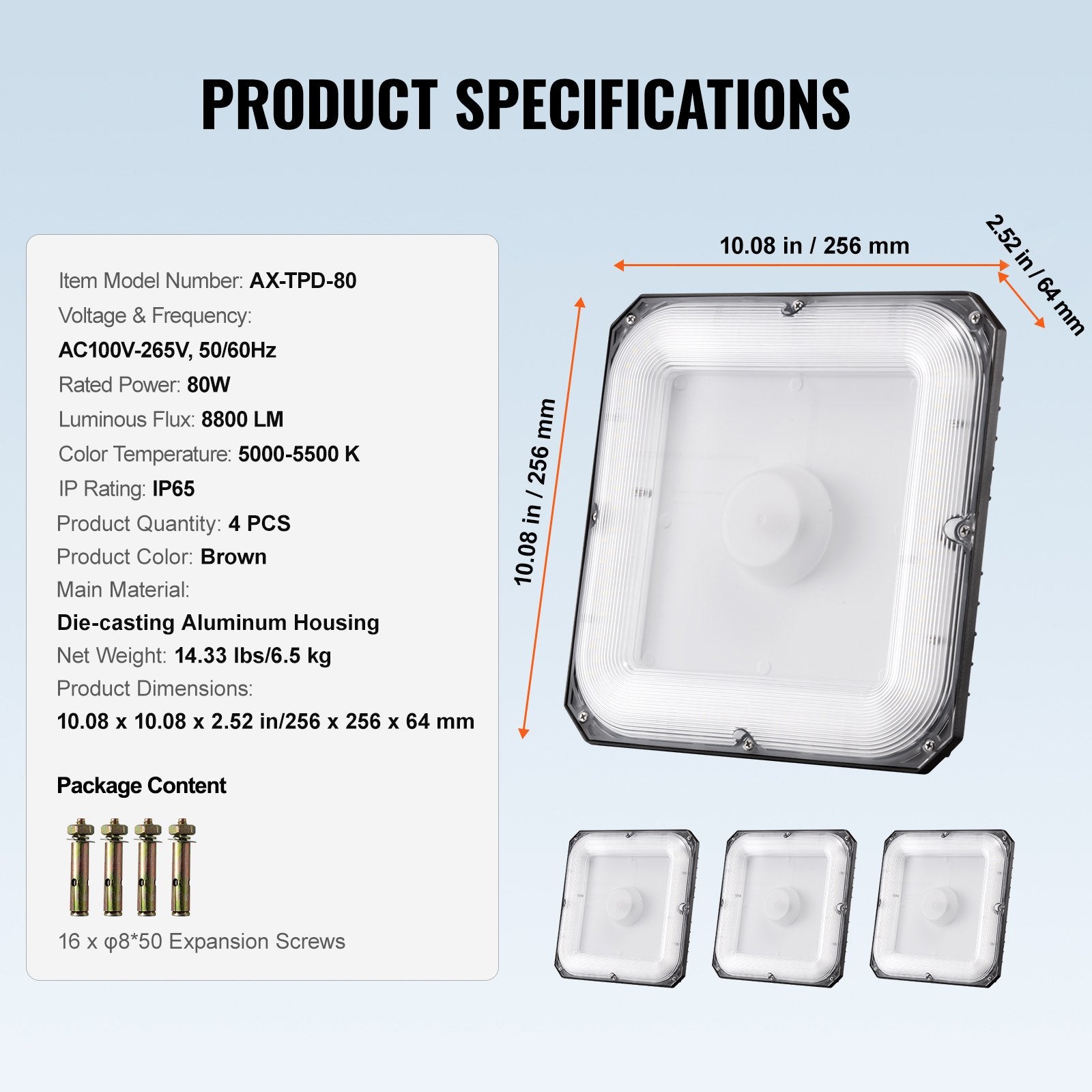 LED Canopy Lights 4 Pack 80W 8800LM 5000K Commercial Industrial Outdoor IP65