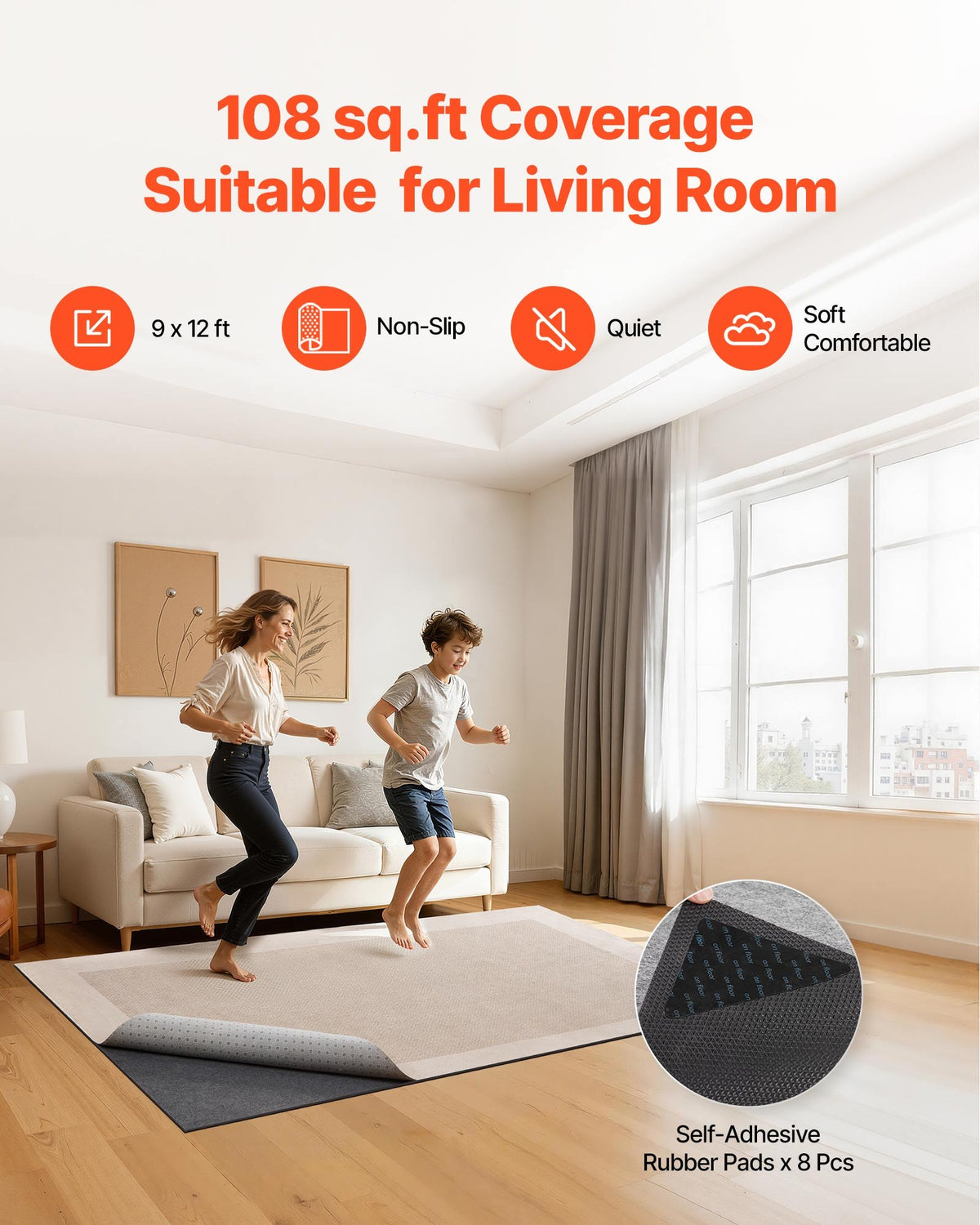 2.74 x 3.66m Non-Slip Rug Pad Felt Cushion & Rubber Gripper Mat