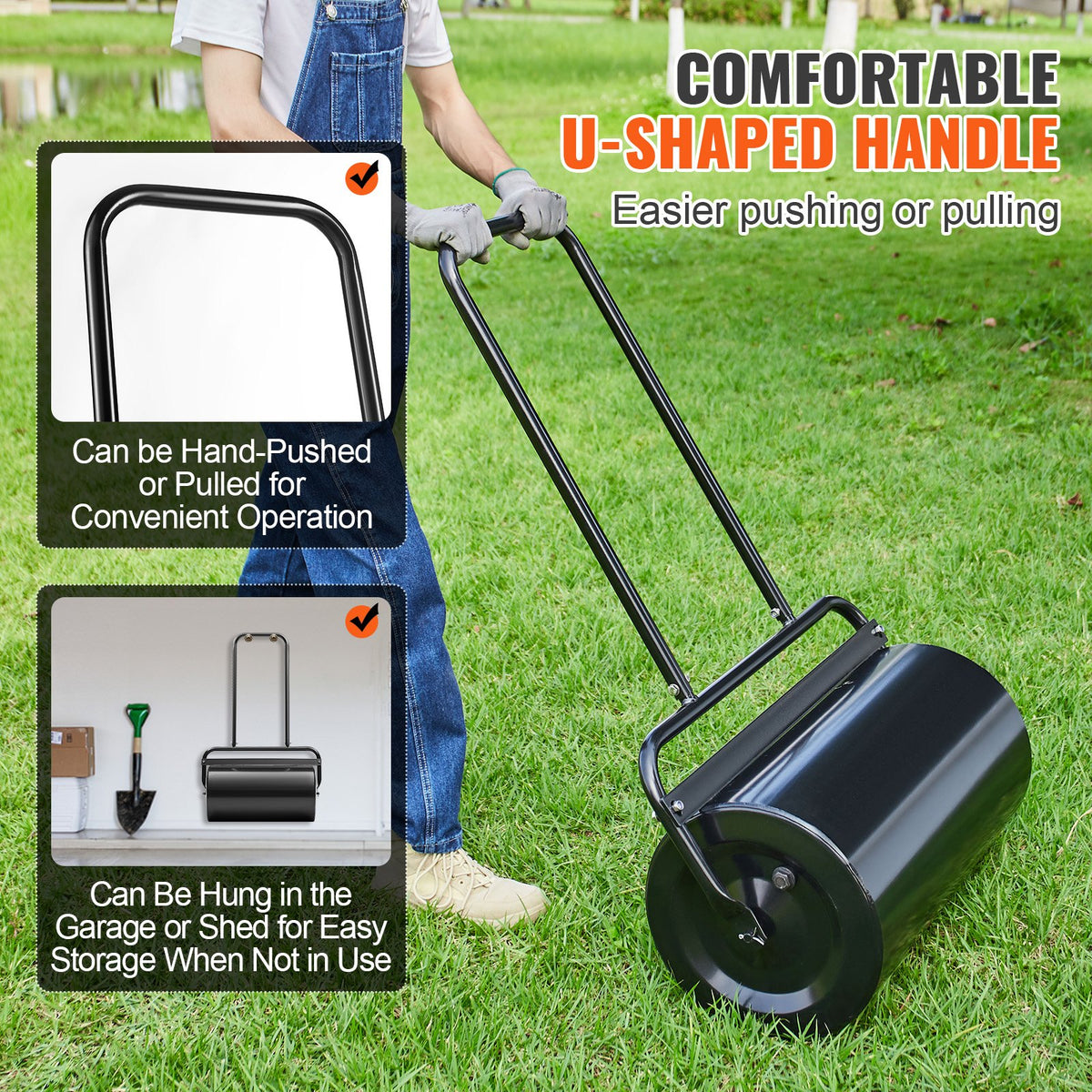 Lawn Roller 13 Gallon Sand Water Filled Steel Sod Easy-Turn U-Handle Black