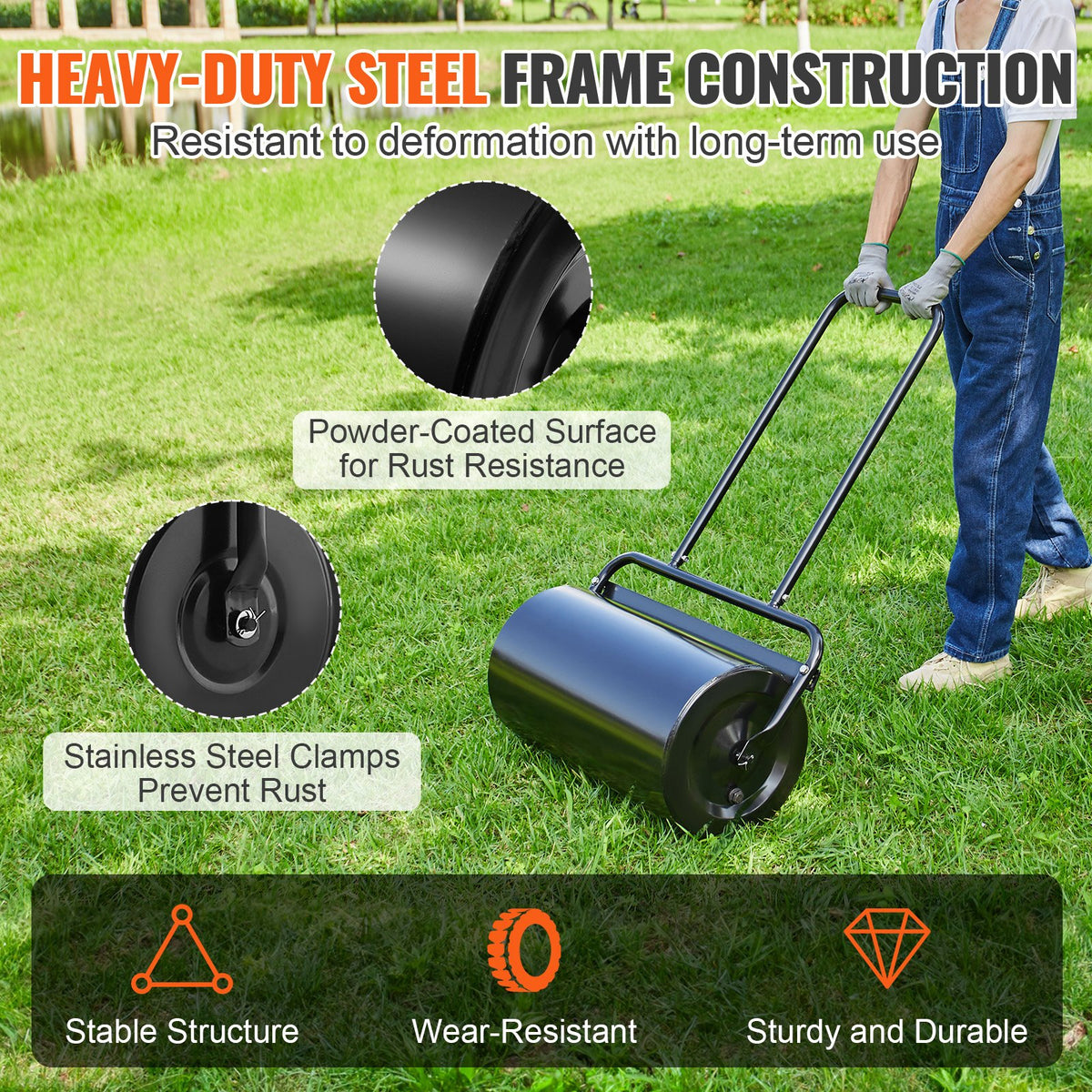 Lawn Roller 13 Gallon Sand Water Filled Steel Sod Easy-Turn U-Handle Black