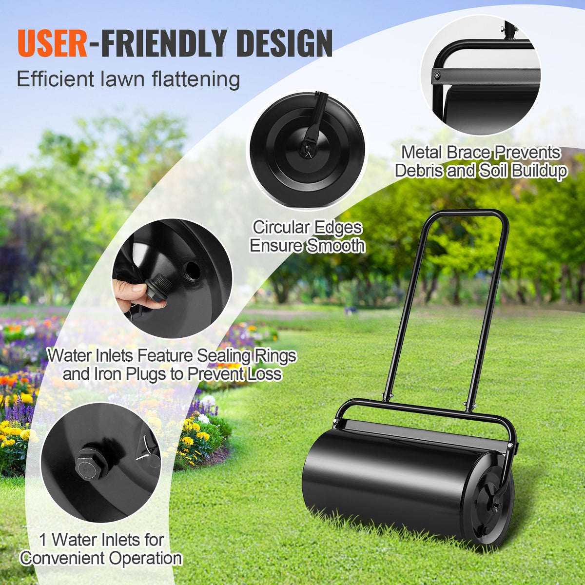 Lawn Roller 13 Gallon Sand Water Filled Steel Sod Easy-Turn U-Handle Black
