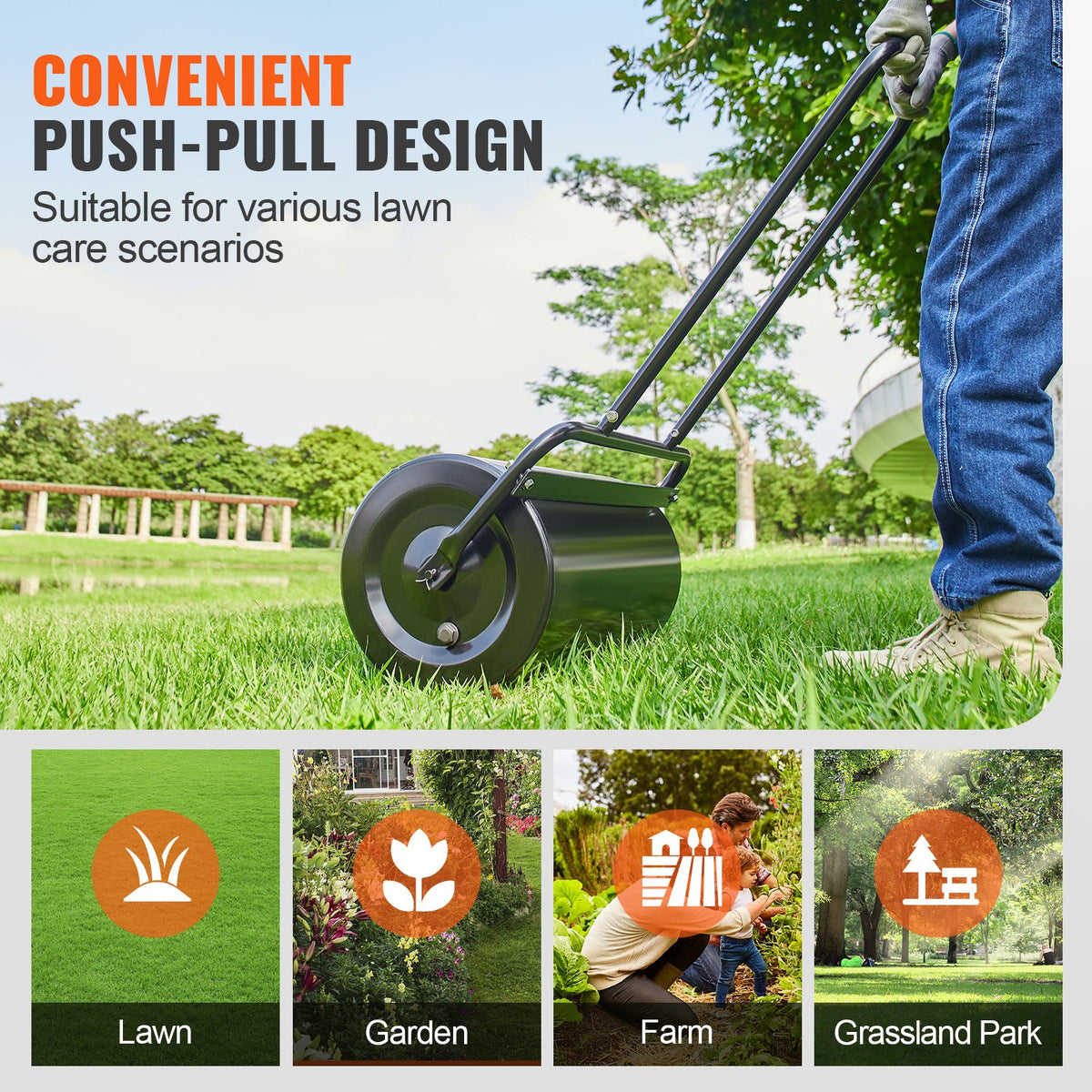 Lawn Roller 13 Gallon Sand Water Filled Steel Sod Easy-Turn U-Handle Black