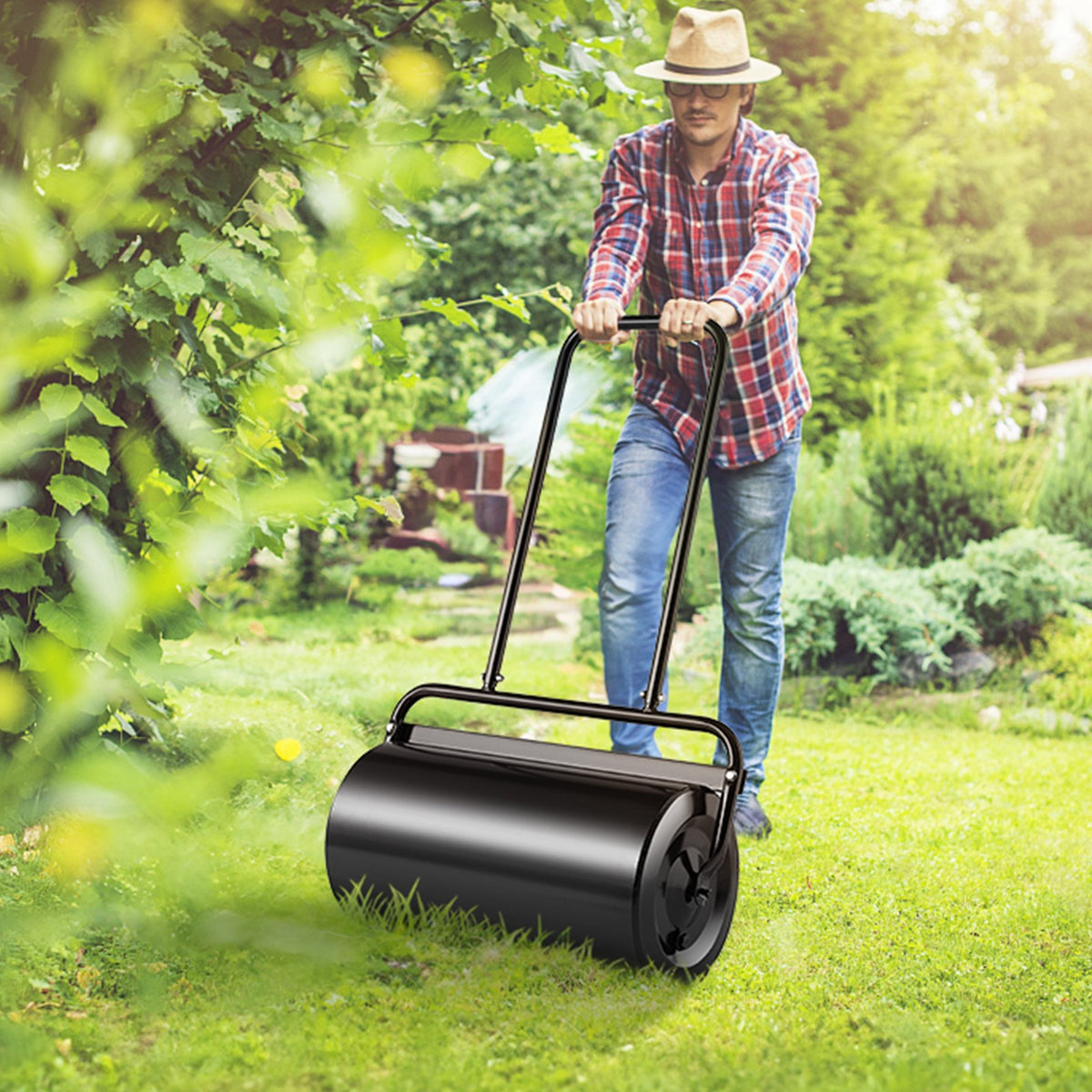 Lawn Roller 13 Gallon Sand Water Filled Steel Sod Easy-Turn U-Handle Black