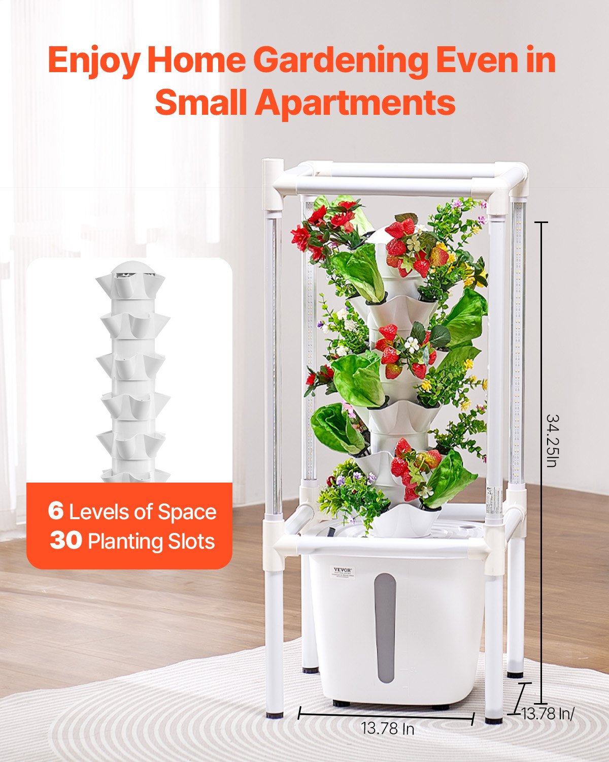 Hydroponic Growing System, 30 Pods 6-Tier Vertical Tower with Grow Light $ Pump